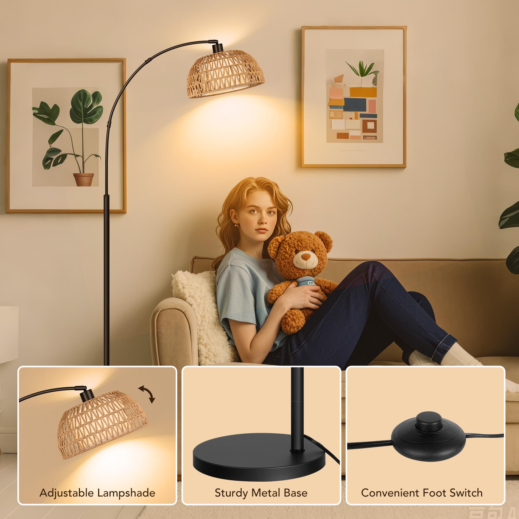 Rottogoon Arc Rattan Floor Lamps For Living Room With 3 Color Temperatures, Boho Floor Lamps With Foot Switch, Bohemian Farmhous