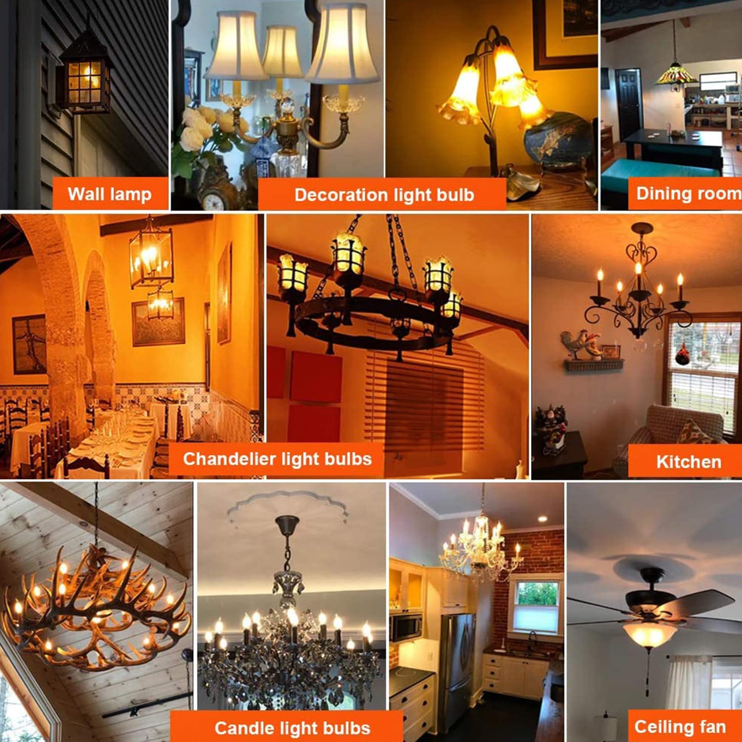 Tiqian E12 60W B10 Clear Dimmable Light Bulbs, 2700K Glass Candle Bulbs, 6-Pack for Chandeliers and Ceiling Fans