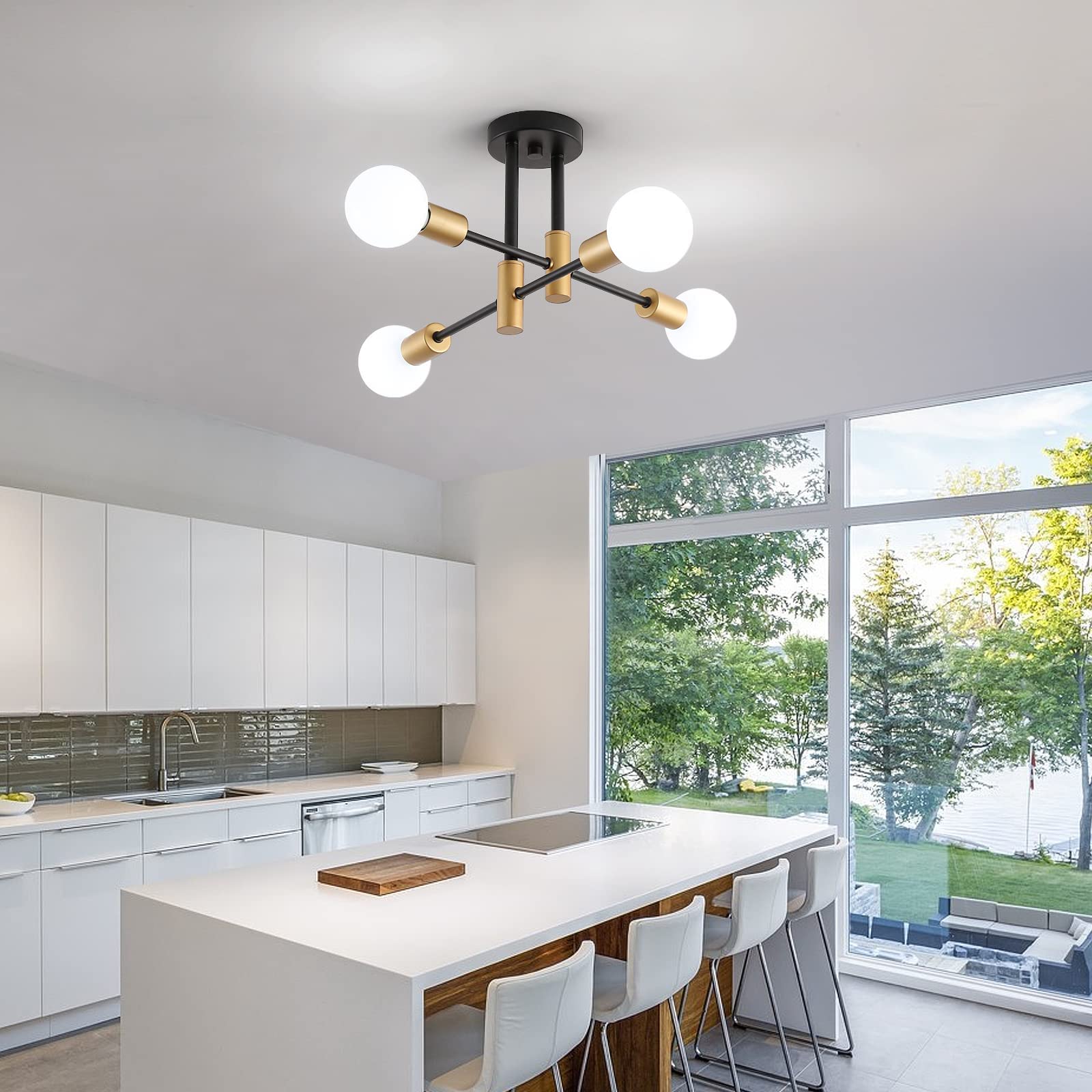 MEIXISUE Modern Sputnik Chandelier, 4-Lights Semi Flush Mount, Gold-4, Mid Century Industrial Ceiling Light for Bedroom, Kitchen, Office