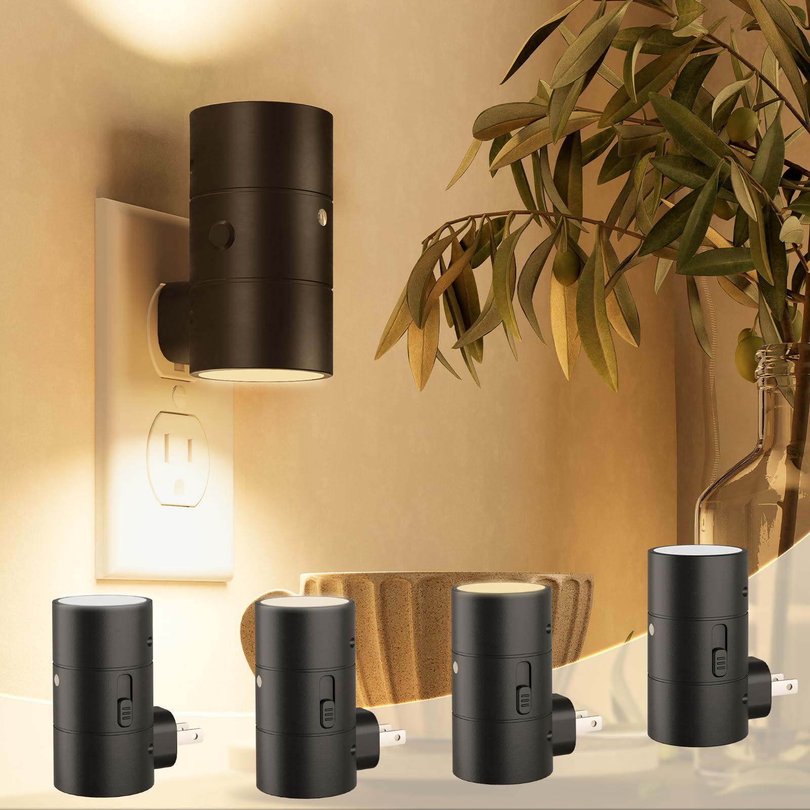NIORSUN Night Light Plug-in, Dusk to Dawn Sensor, 0-100LM Dimmable, Ultra-Slim Design, 4 Pack, Black, Model LH-XYD001