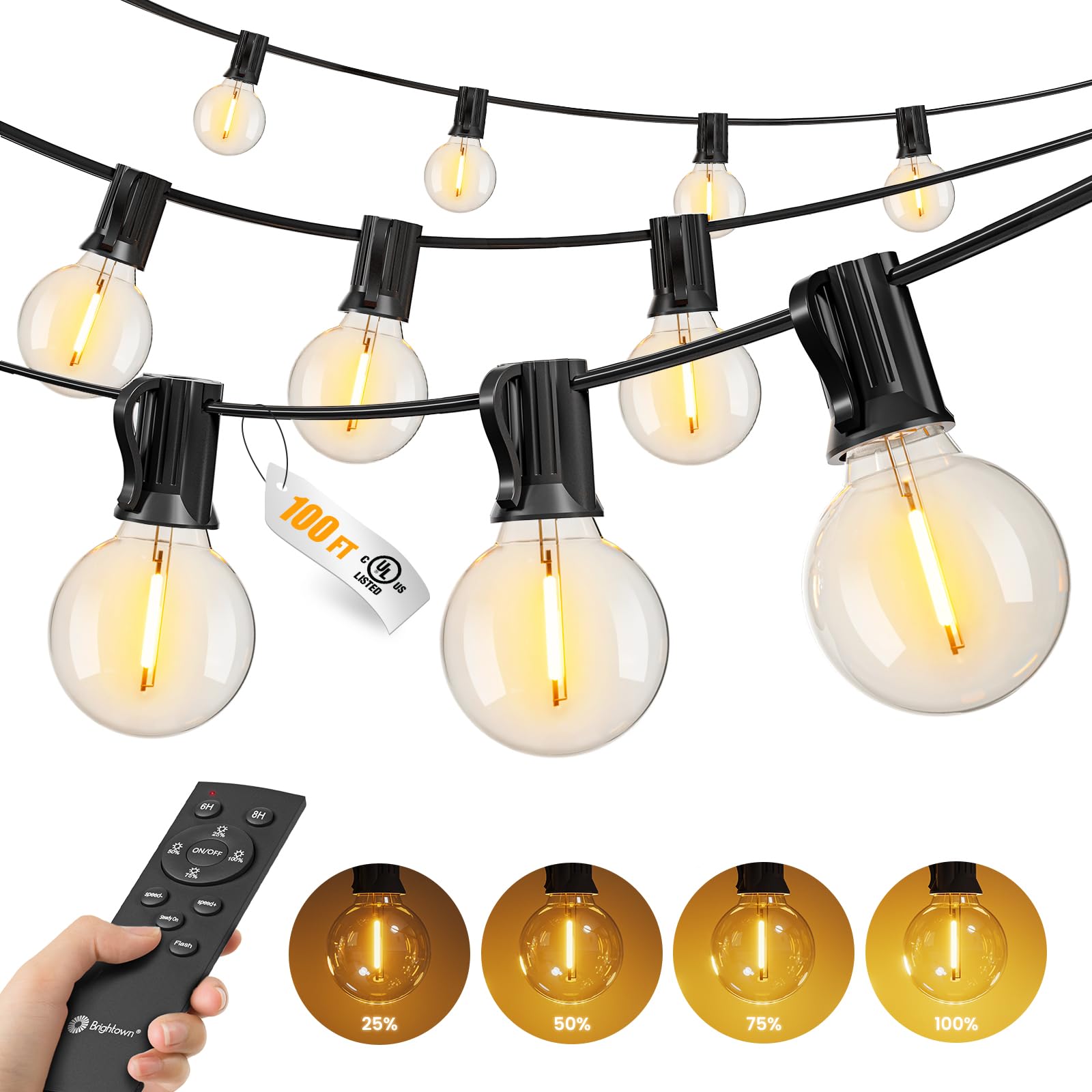 Brightown Outdoor String Lights  100FT Shatterproof LED Patio Lights with 46 Dimmable Plastic G40 Bulbs  2700K Waterproof Connectable Hanging String for Backyard  Cafe  Porch  Deck  Home Decor