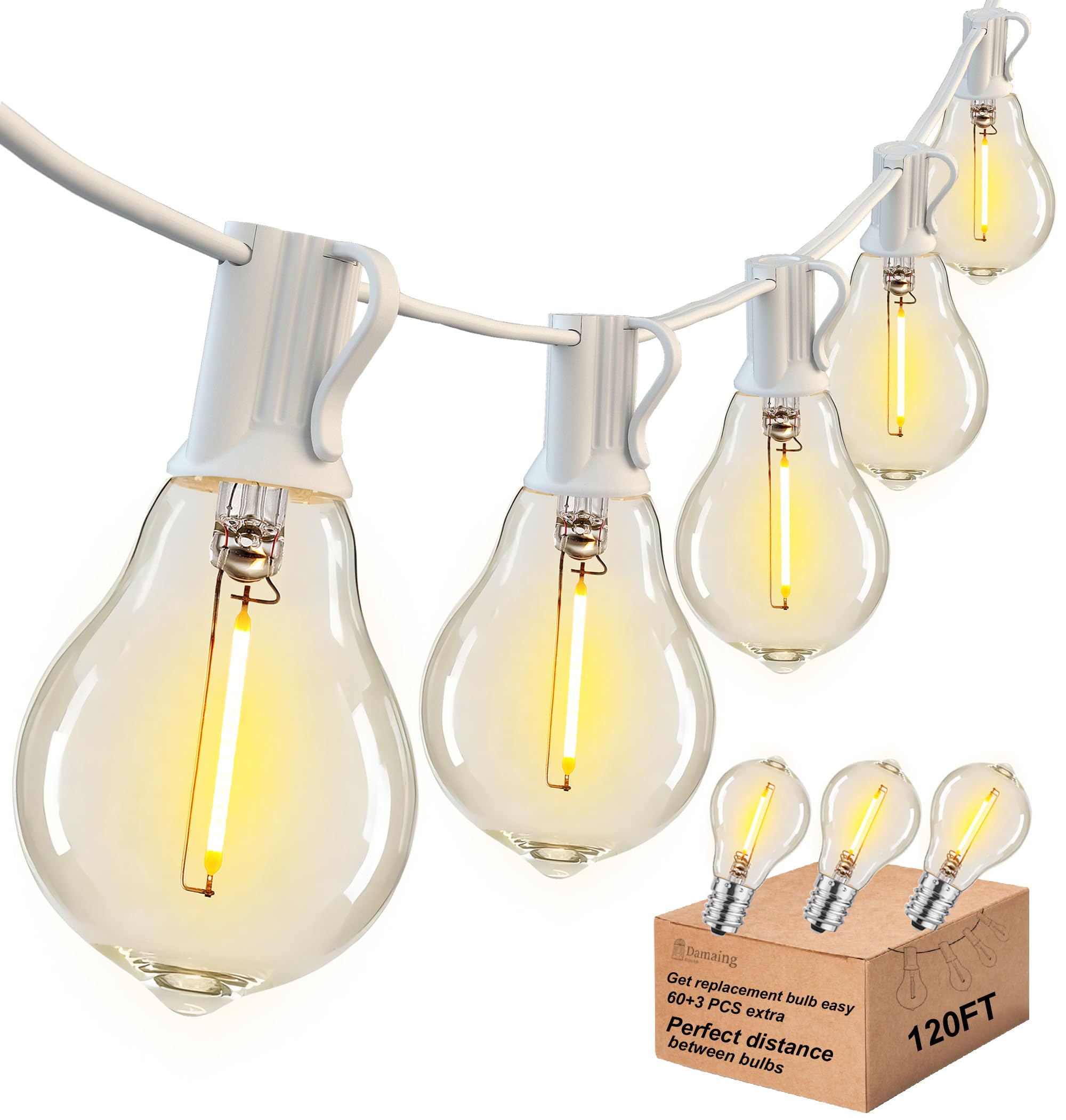 DAMAING Outdoor String Lights 120FT Waterproof Patio Lights with 63 Plastic Dimmable Edison LED Bulbs,Connectable Outdoor Lighti