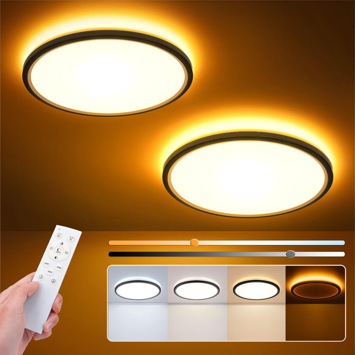 Niorsun 12 Inch Led Ceiling Light With Night Light 1800K, 2 Pack3000K/4000K/6500K Dimmable Light Fixtures With Remote Control,24