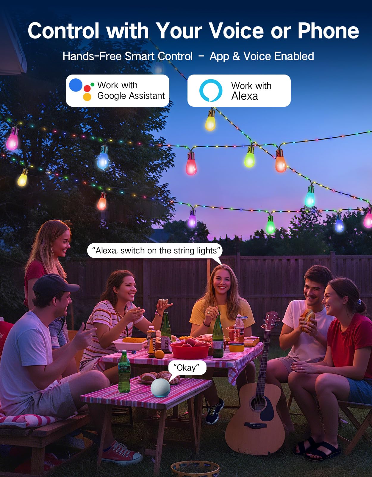 OUTON Outdoor String Lights, 46FT RGBAI Smart Festoon Lights Outdoor, Waterproof IP65, Remote & APP Control, Works with Alexa, G