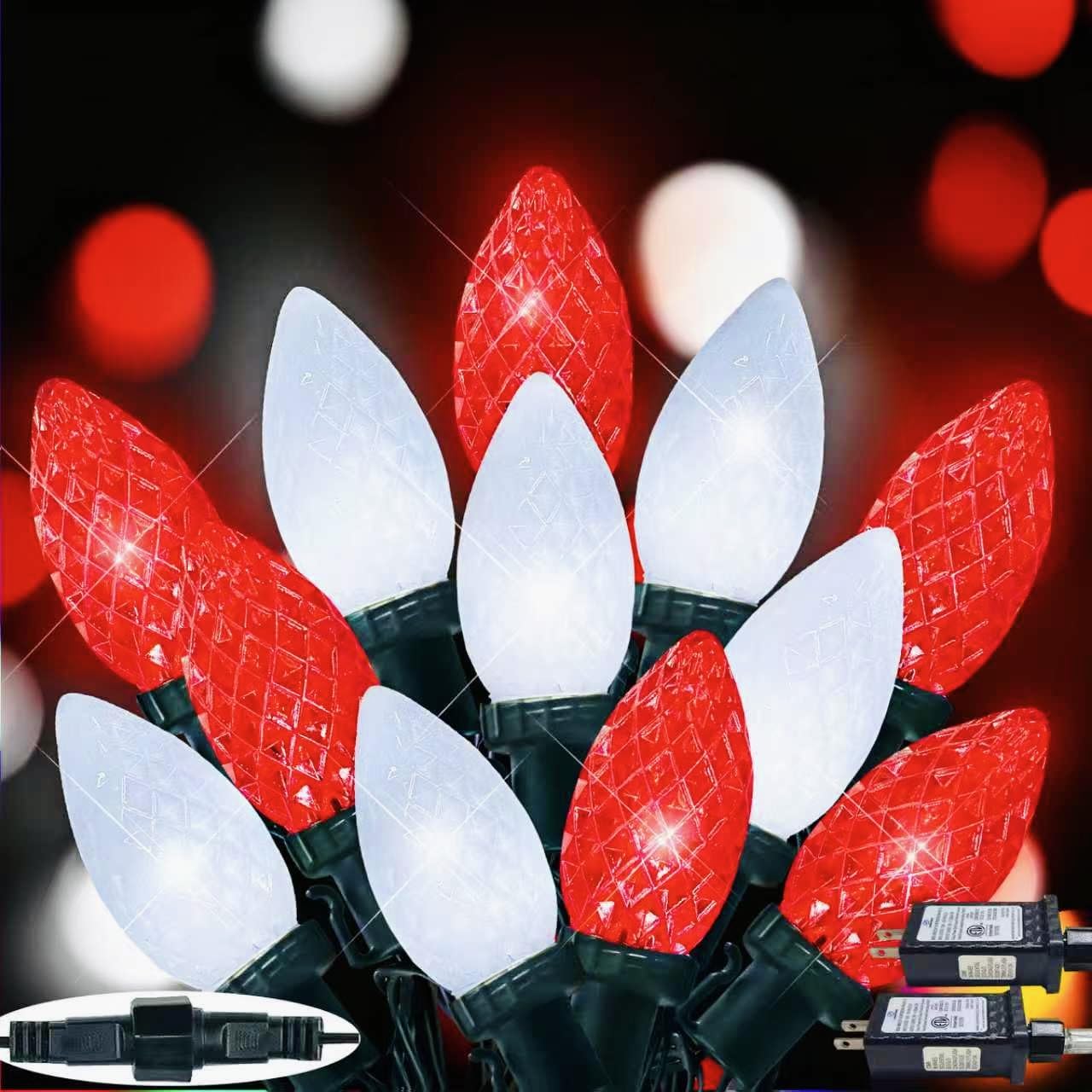 2-Pack Connectable C9 Christmas Lights Outdoor Indoor  66 Ft 100 Led Christmas String Lights Plug In With 8 Modes & Timer  Waterproof Fairy Twinkle Light For Xmas Tree Yard Decorations (Red And White)