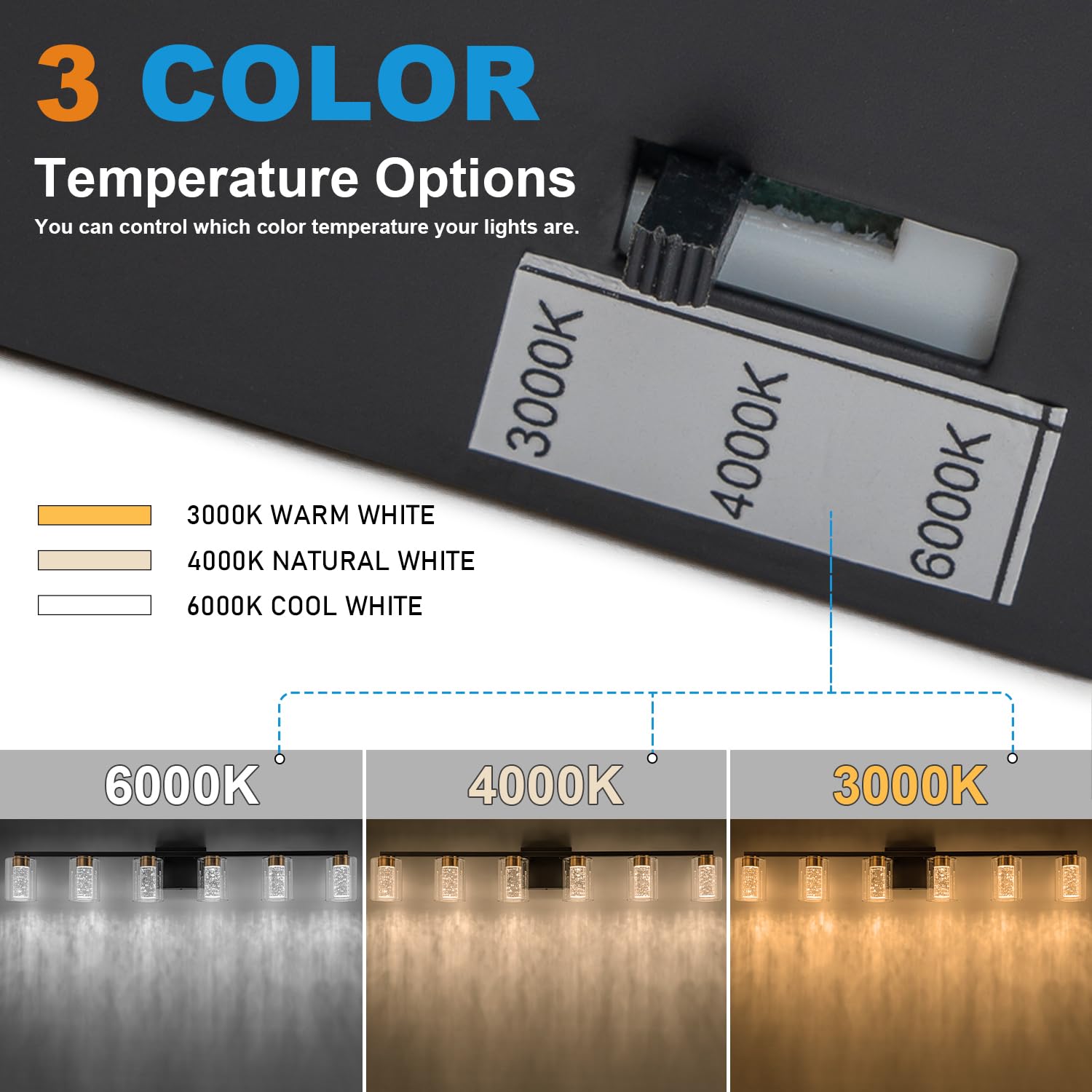 Sinerise 6-Light Black And Gold Vanity Light With 3 Color Modes (3000K/4000K/6000K), Eye Protection Led Bathroom Light Fixture,