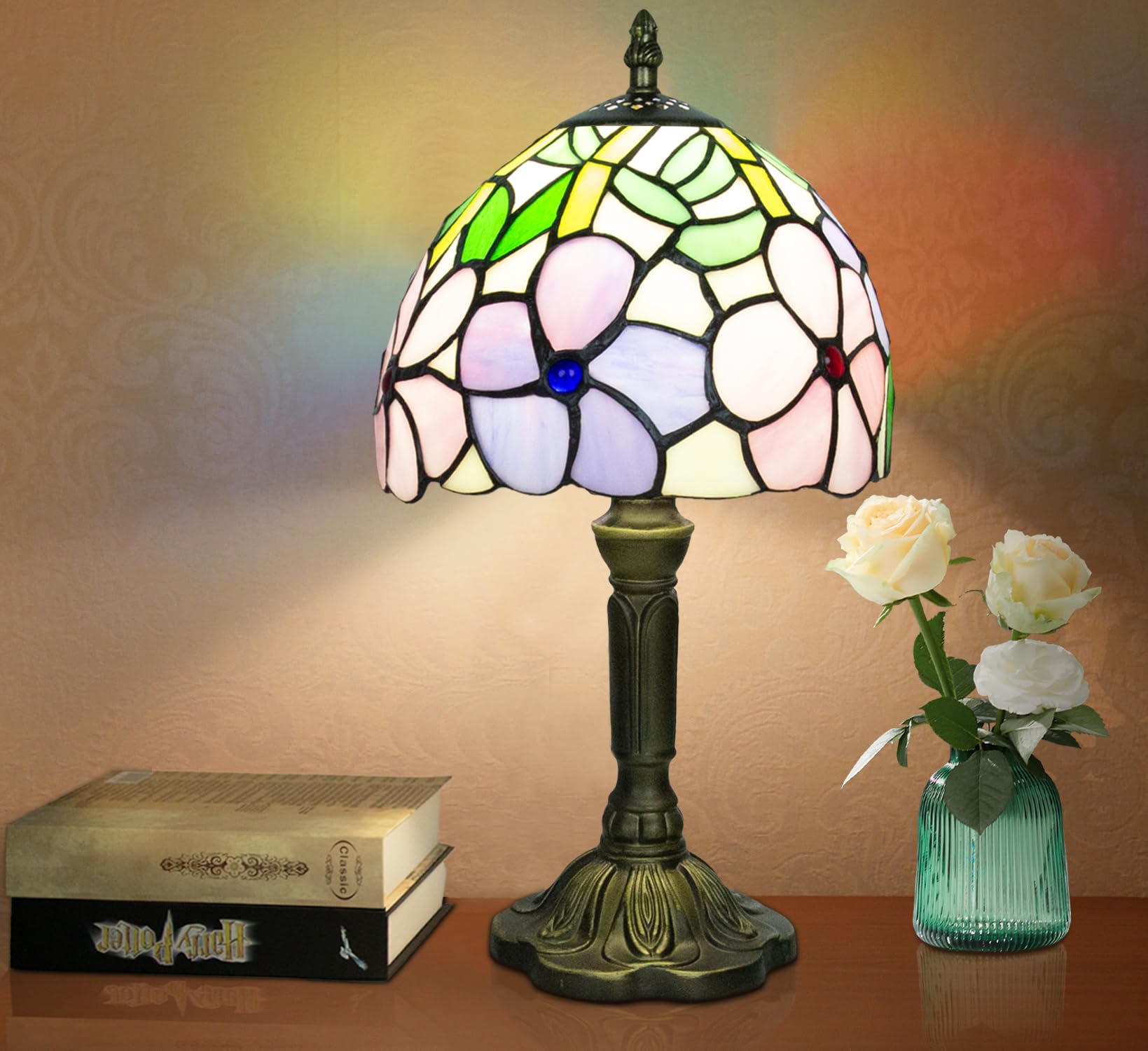 Crefotu Tiffany Style Table Lamp, 8 Inch Stained Glass, 3 Color Temperatures, 4 Flower Pattern, Model CFLP-0001
