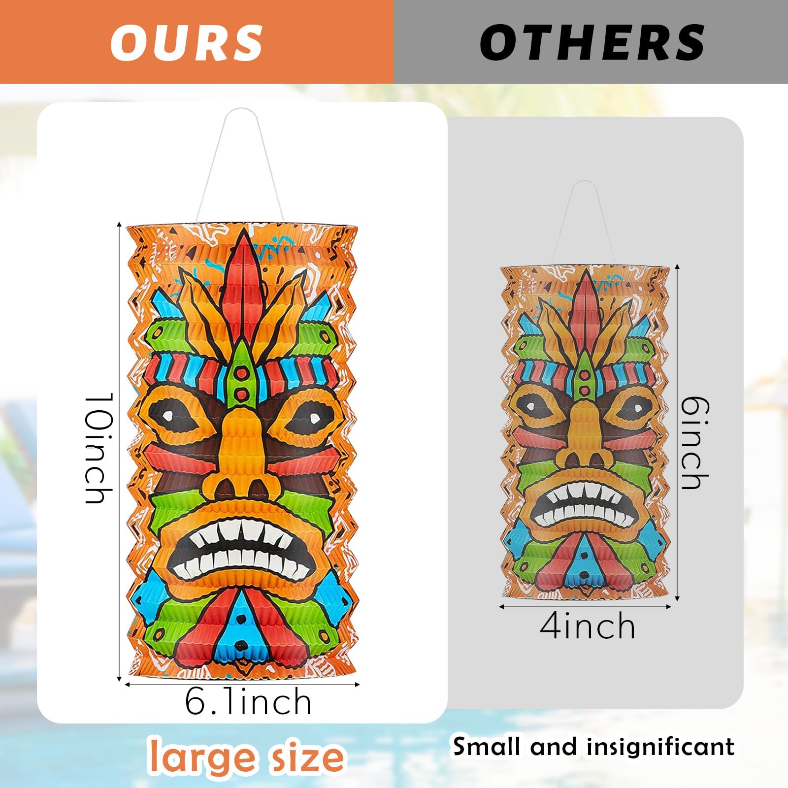 Mudder Tiki Lanterns - 10 Inch Paper Decorations for Hawaii Luau Party - Tropical Hanging Supplies