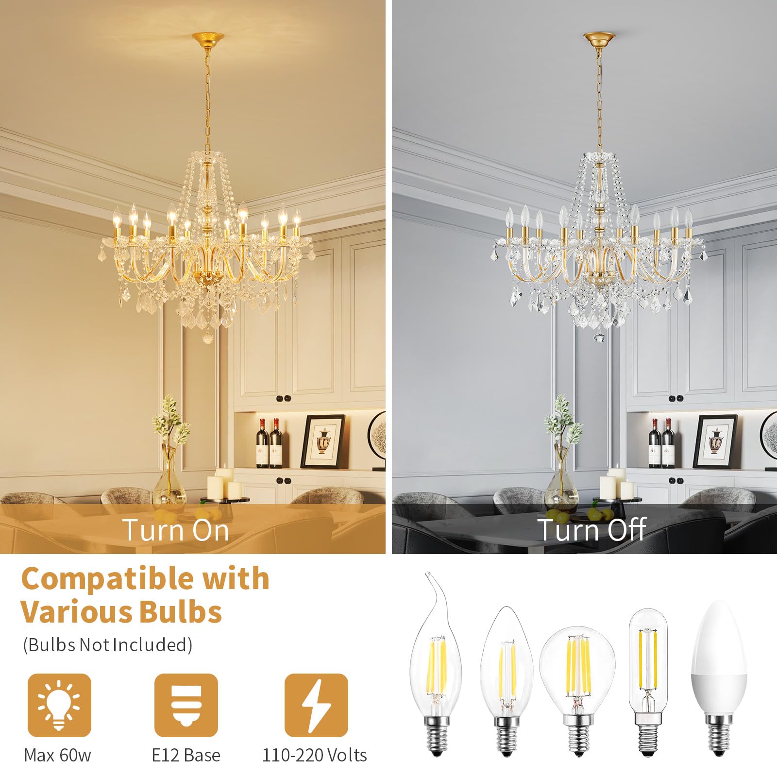 ANJIADENGSHI Large Crystal Chandelier, 10-Lights, Gold, 30.3in High x 26.8in Wide, Modern Design for Dining Room, Living Room,