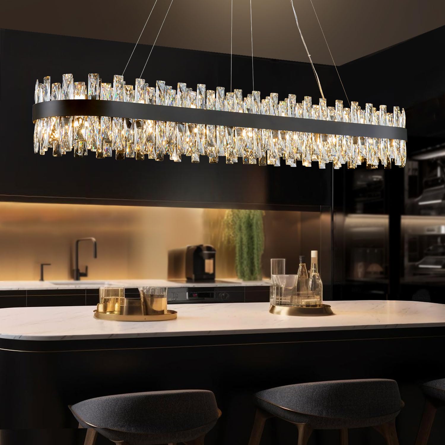 TMAFON Modern Black Crystal Chandelier, K9 Crystal, Rectangle, 57 inches, for Dining Room and Kitchen Island