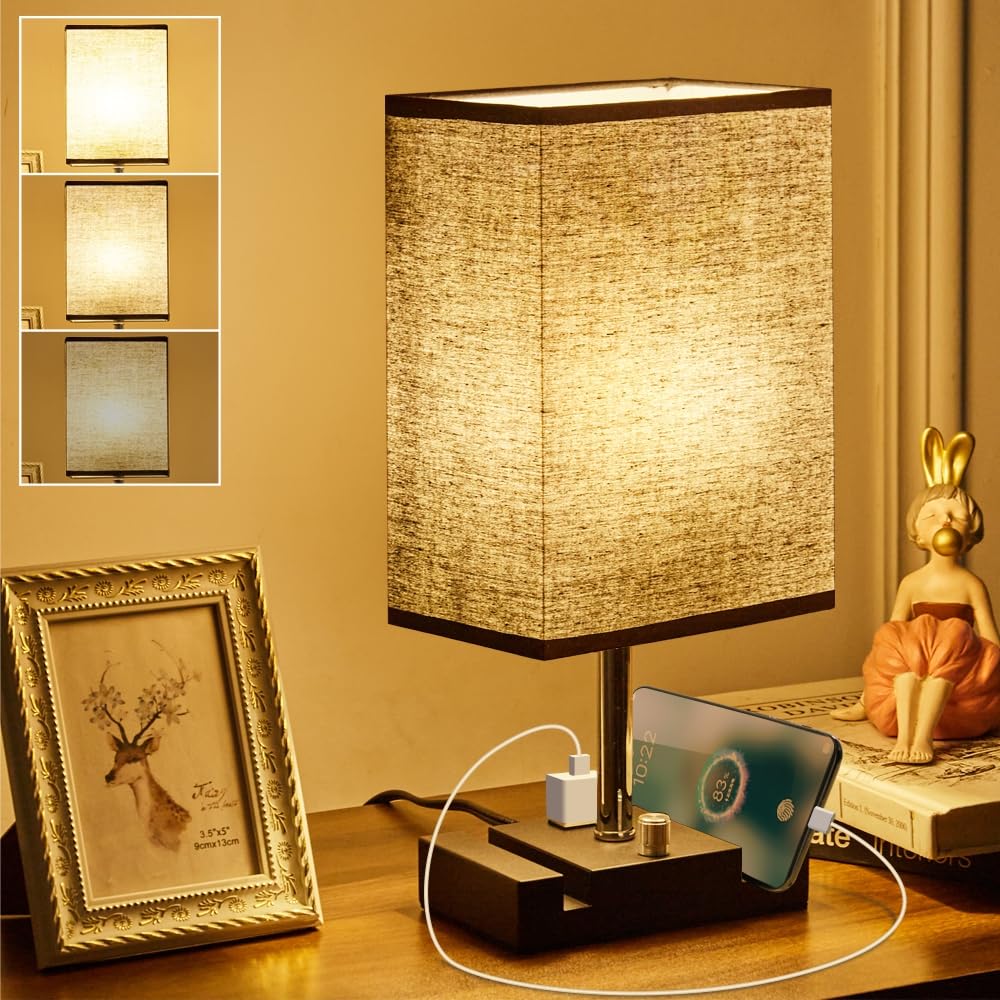 lifeholder Fully Dimmable Nightstand Lamp for Bedroom with AC Outlet, Table Lamp with Two Phone Stands, Bedside Lamps, Desk Lamp
