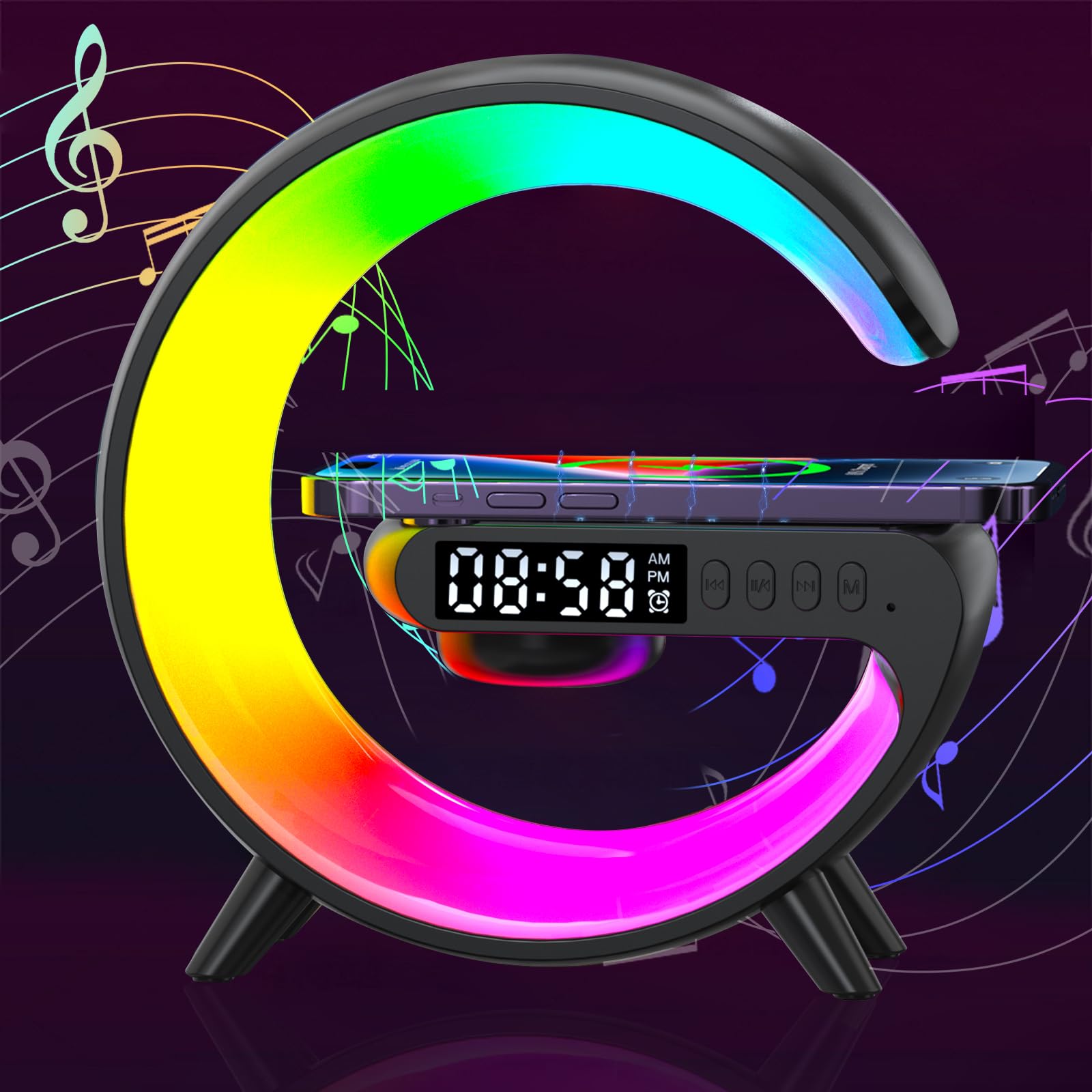 FuyoSegen Wireless Speaker Charger Light,LED Bedside Lamp 4-in-1 Alarm Clock,Mood Light,Speaker & Wireless Charger,G-Shaped Atmo