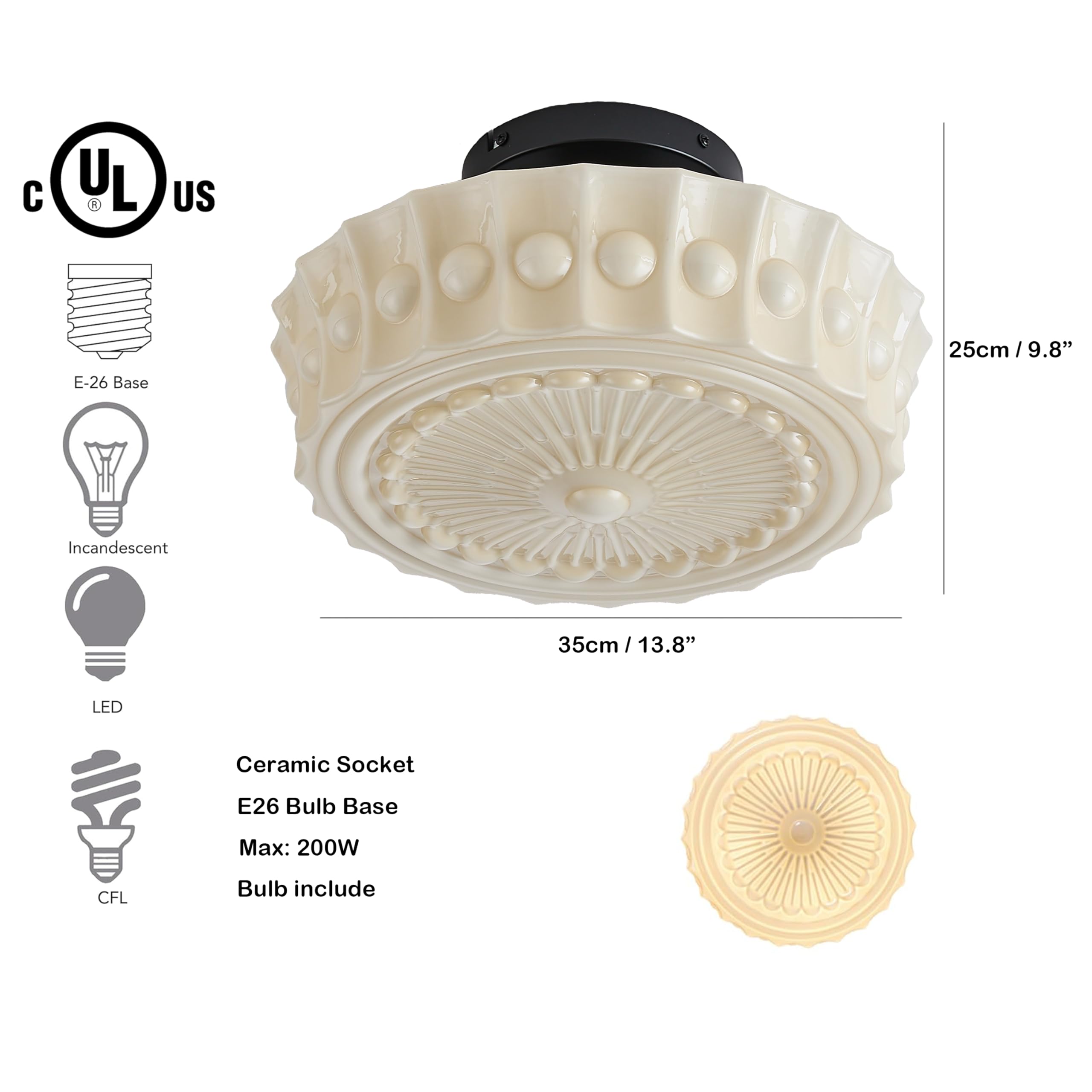 Fctwaks Schoolhouse Ceiling Light Fixture, 13.8'' Milk Glass Semi Flush Mount Lighting, Mid Century Vintage Close To Ceiling Lig