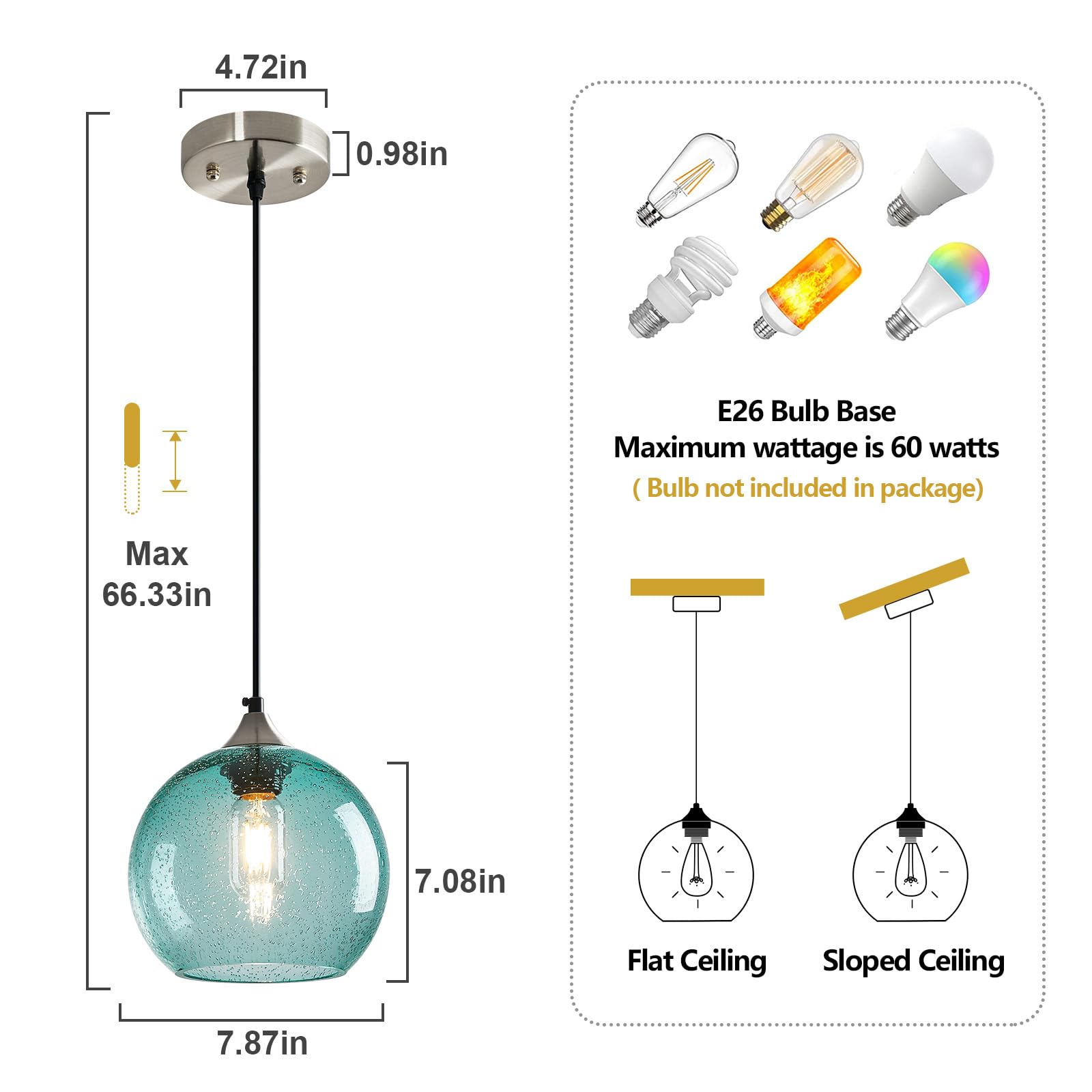 Lbsqj Light Blue Glass Pendant Lights Kitchen Island Lighting Globe Pendant Light Fixtures Modern Pendant Lighting For Bedroom Living Dining Room Light Fixture (7.87 In  1 Pack)