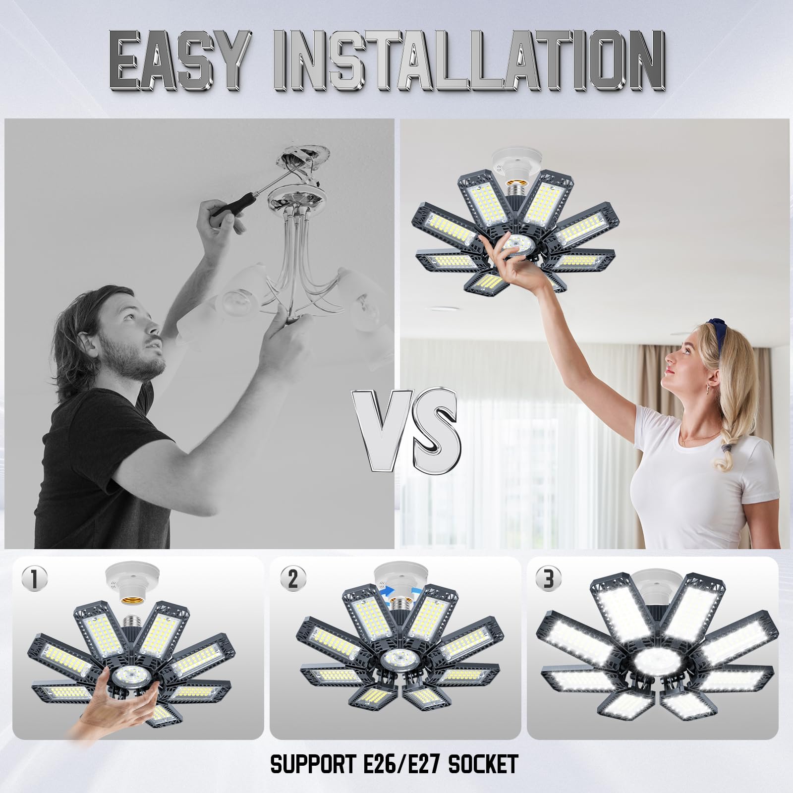 TOPAUBUB Garage Light 220W LED with 8+1 Deformable Panels, 22000LM, 6500K, Black, Model B4
