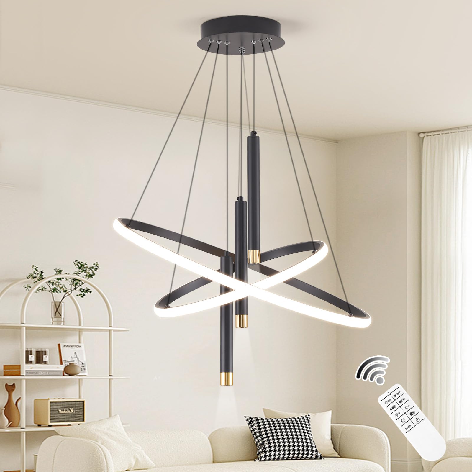 ORANOOR LED Chandelier, Dimmable 24in, 5250lm, Black Aluminum, 2 Ring Design, Model OR-7703B