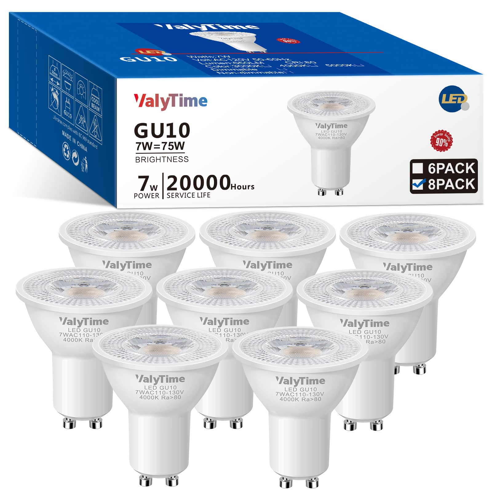 Valytime GU10 LED Light Bulbs 7W Halogen Replacement 8 Pack Natural White 4000K Non-Dimmable 38° 120V