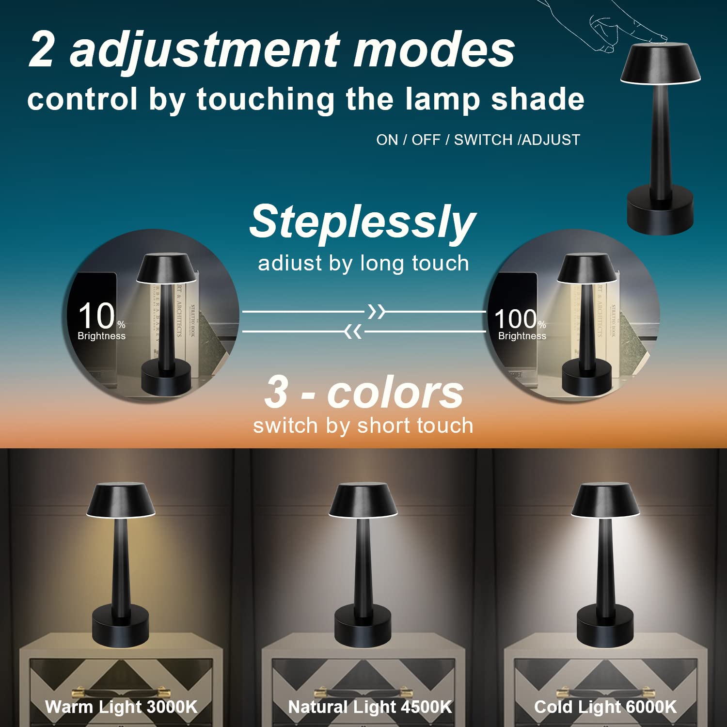 Egobasic Rechargeable Cordless Small Table Lamp Portable Battery Operated Touch 3 Way Dimmable Metal Bedside Night Light Lamps F