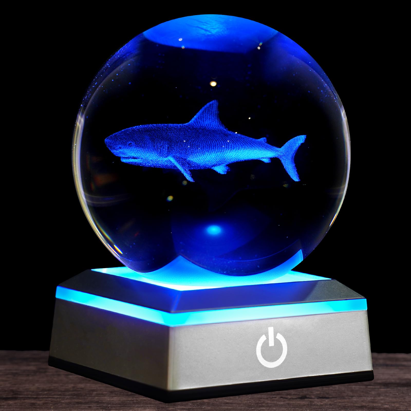 3D Shark Crystal Ball Night Light 3.15 inch Glass Ball Table Lamp with Color Changing Touch Base Decor Ideal Sharks Gifts for Fr