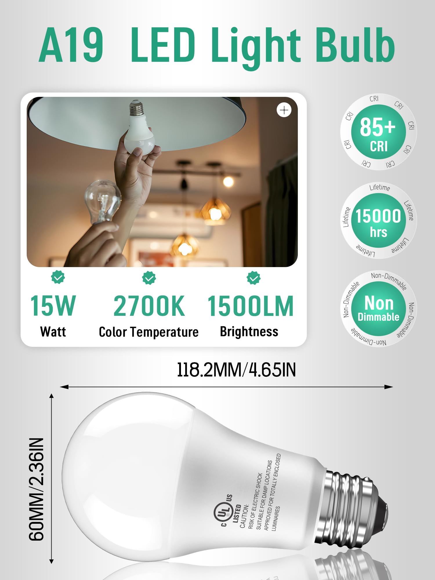 A19 Led Light Bulbs, 100 Watt Equivalent, 15W Daylight White 5000K, 1500 Lumens, E26 Standard Base, No Flicker Energy Saving Lam