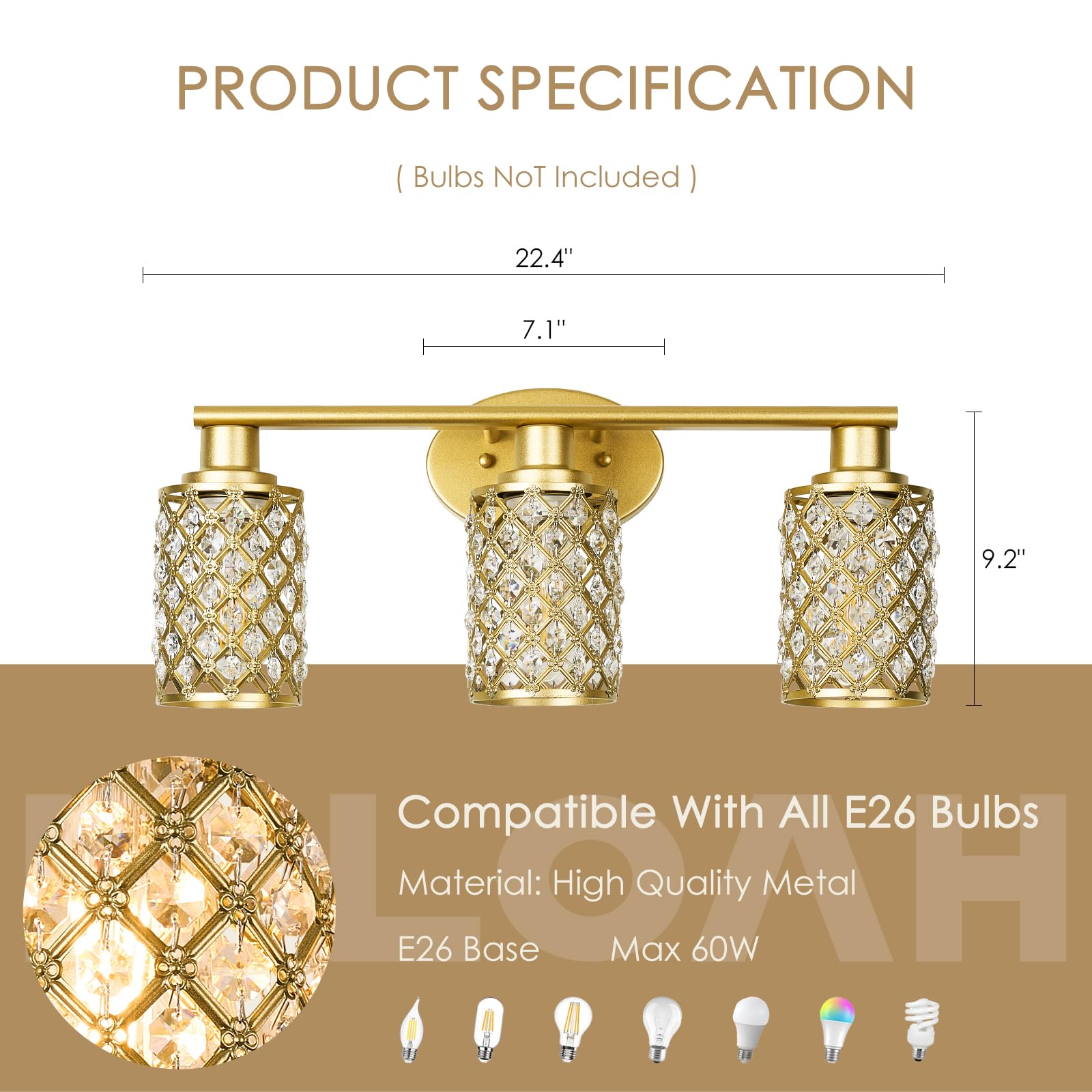 Niloah 3 Light Gold Vanity Light Fixtures, Modern Farmhouse Vanity Light, Bathroom Lights Over Mirror,Crystal Vanity Lighting Fixtures For Bathroom,Powder Room