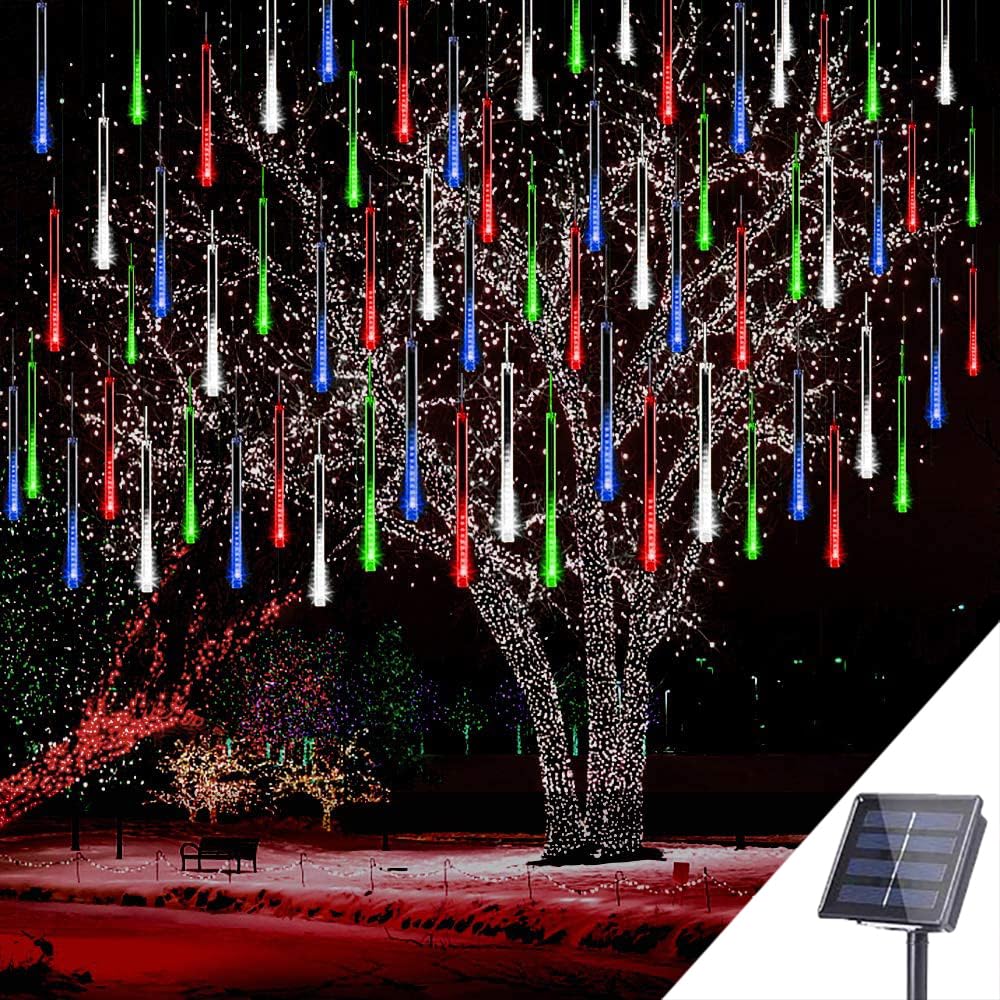 Kwaiffeo Icicle Lights for Outside, 16 Tubes(Equivalent to 2 Sets of 8-Tube) Solar Powered Meteor Shower Lights for Xmas Hallowe