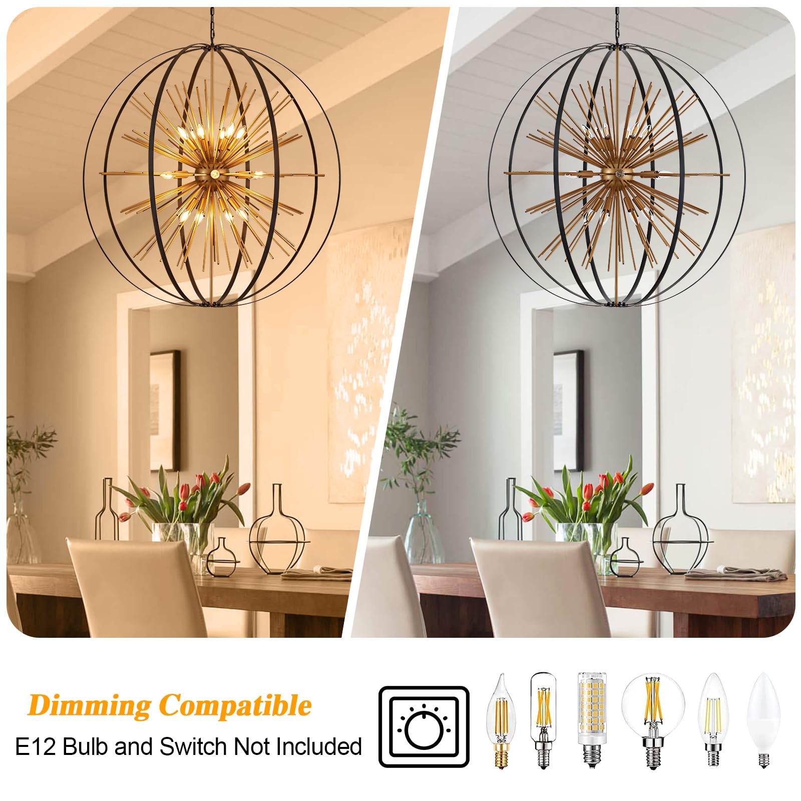 Tacdandm 43.3&quot; Black Gold 18-Light Globe Sputnik Chandelier Modern Adjustable Hanging Ceiling Firework Pendant Light Fixture For Entryway Foyer Stairway Kitchen Dining Living Room Hallway