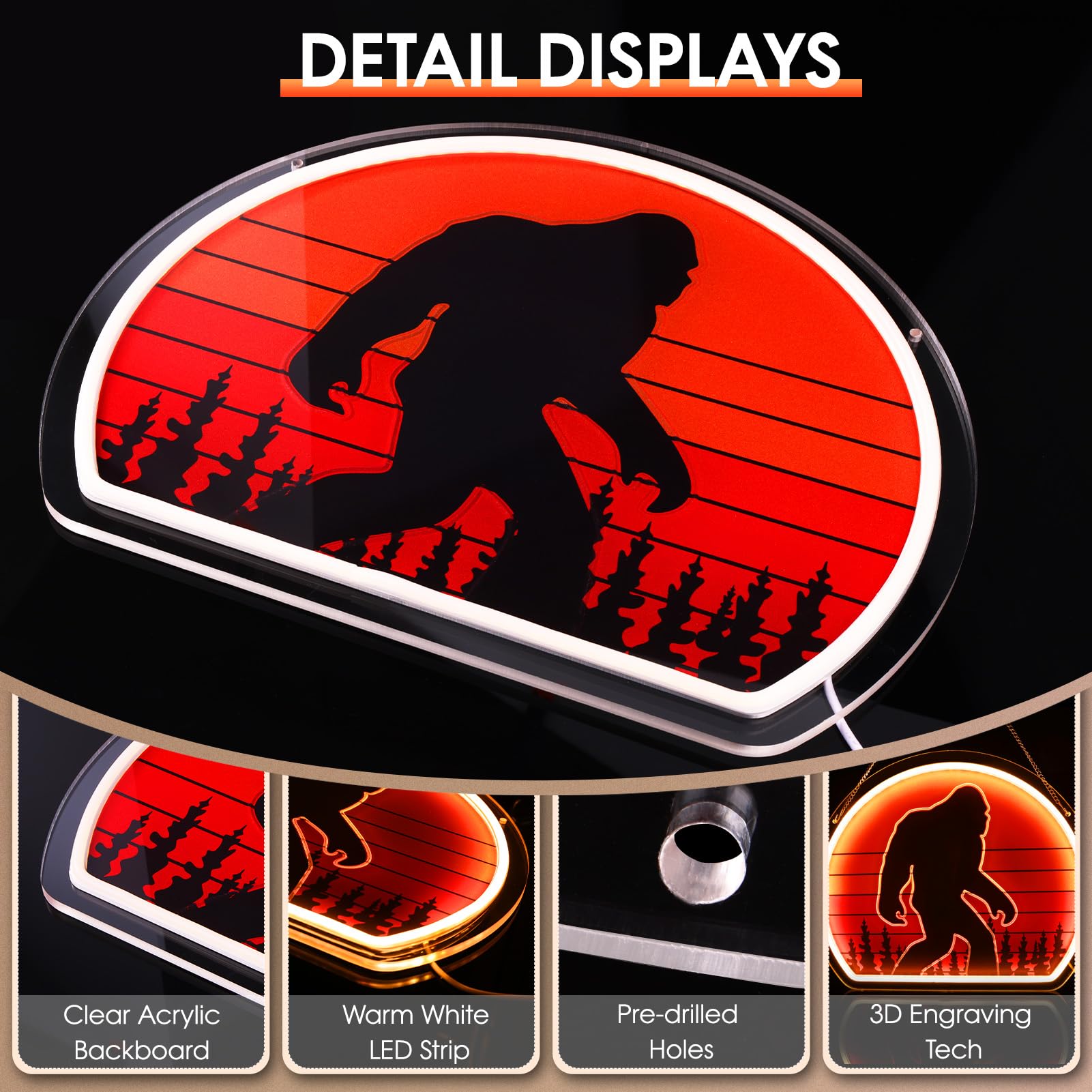 ReyeeInc Bigfoot Neon Sign - USB Powered Acrylic Wall Art, Warm White, 12.4x15.3 inches, Unique Sasquatch Gift for Adults and Kids
