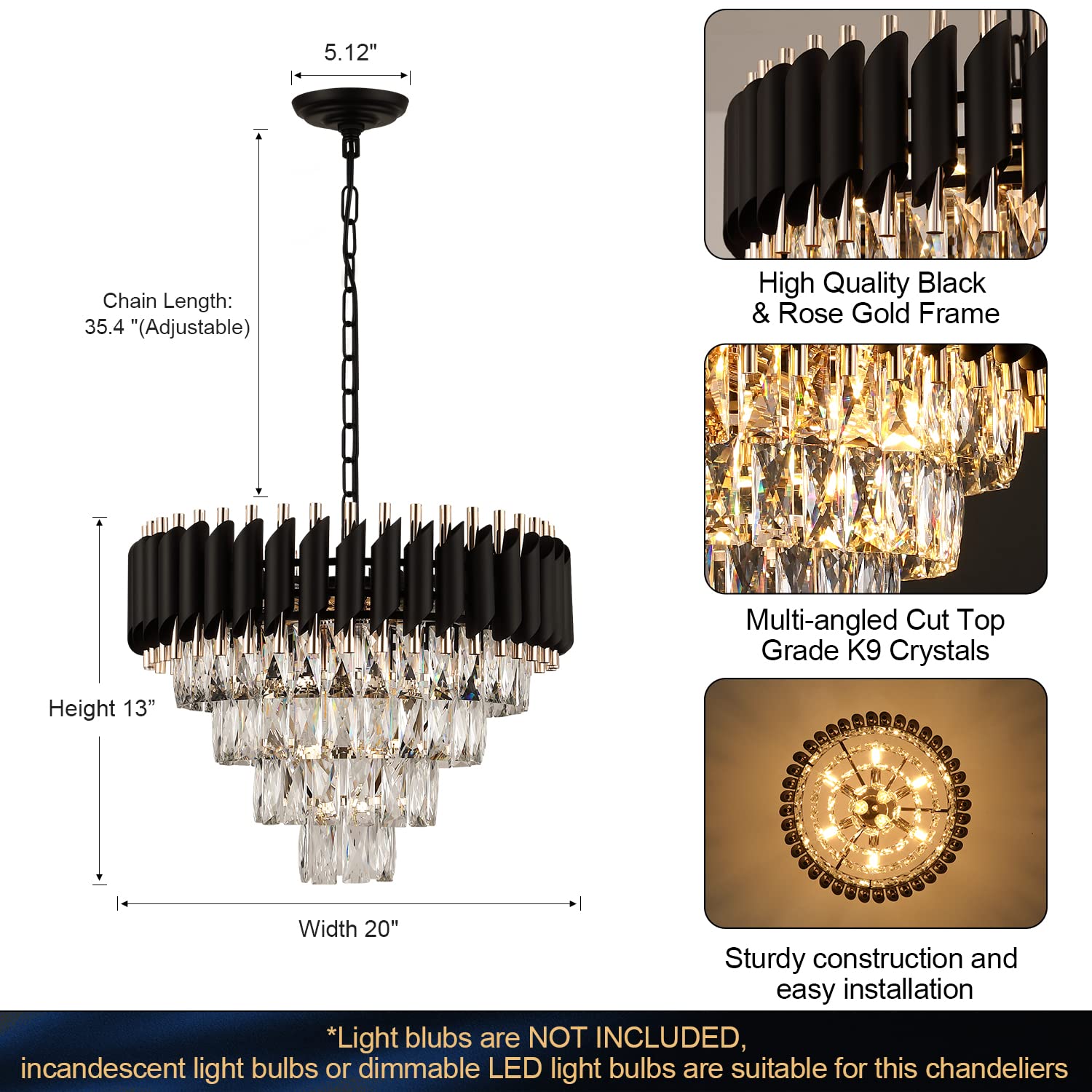 A AXILIXI Modern Crystal Chandelier 20in K9 Crystal Black & Gold 4-Tier Flush Mount Light Fixture Model 8801-500 for Dining Room Foyer