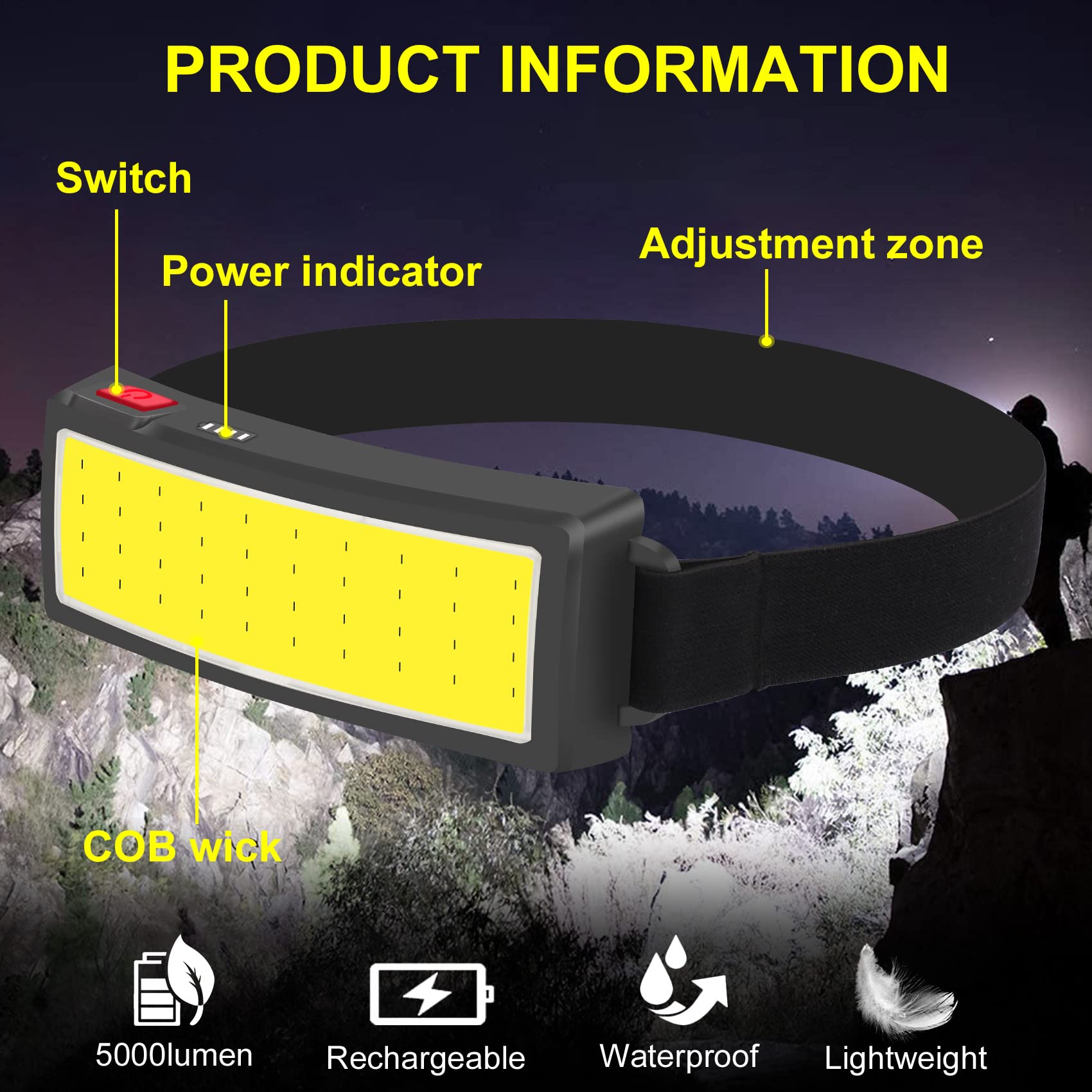 Zoyye Rechargeable Headlamp Flashlight, 1500 Lumen Wide Beam Led Headlamp, 3 Lighting Modes, Lightweight Waterproof Light Bar He