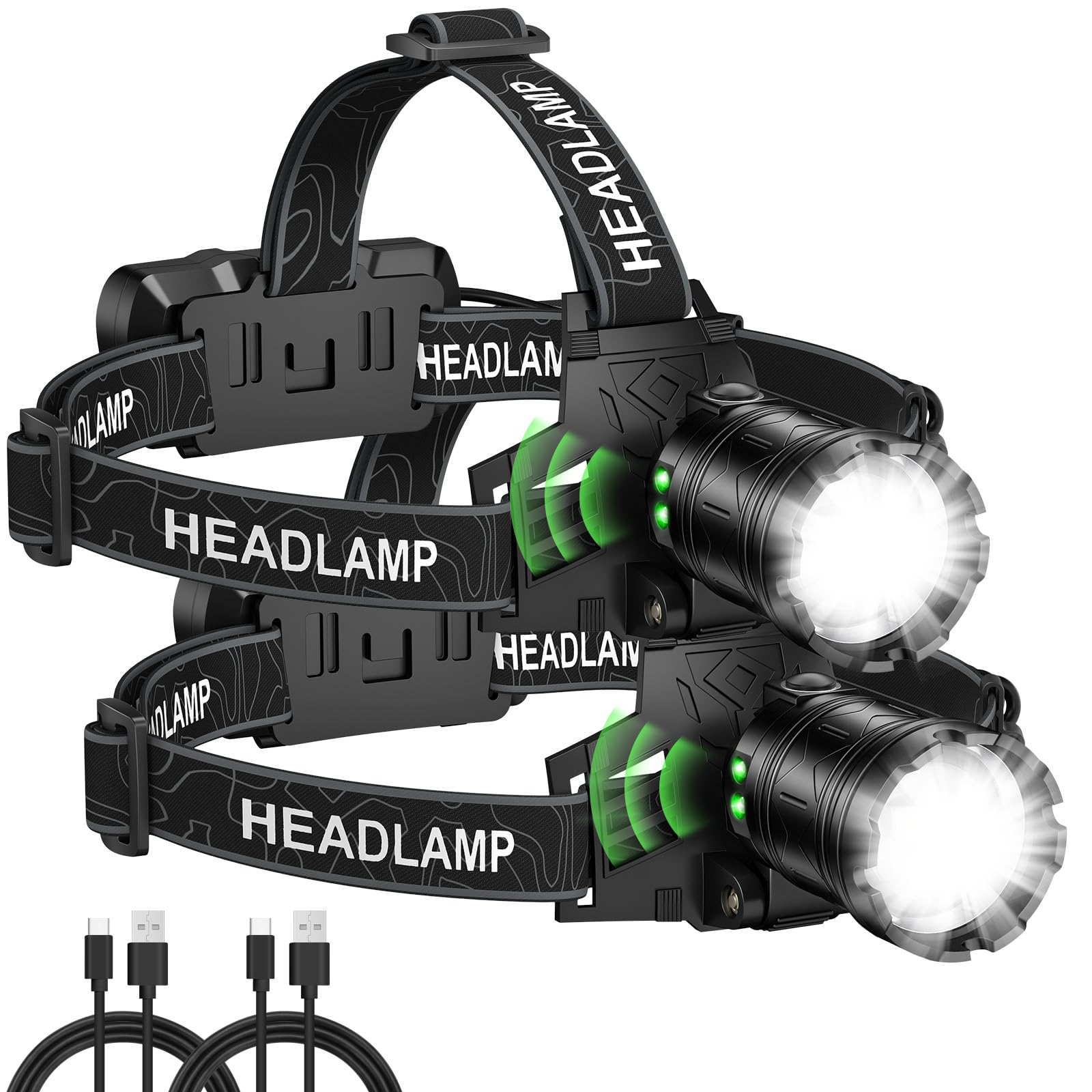 Kmivo Headlamp Rechargeable 99 000LM Super Bright  2pack LED Head Lamp with 3 Modes  90Adjustable Head Lights for Forehead  IPX6 Waterproof HeadLamps for Camping Hiking (2)