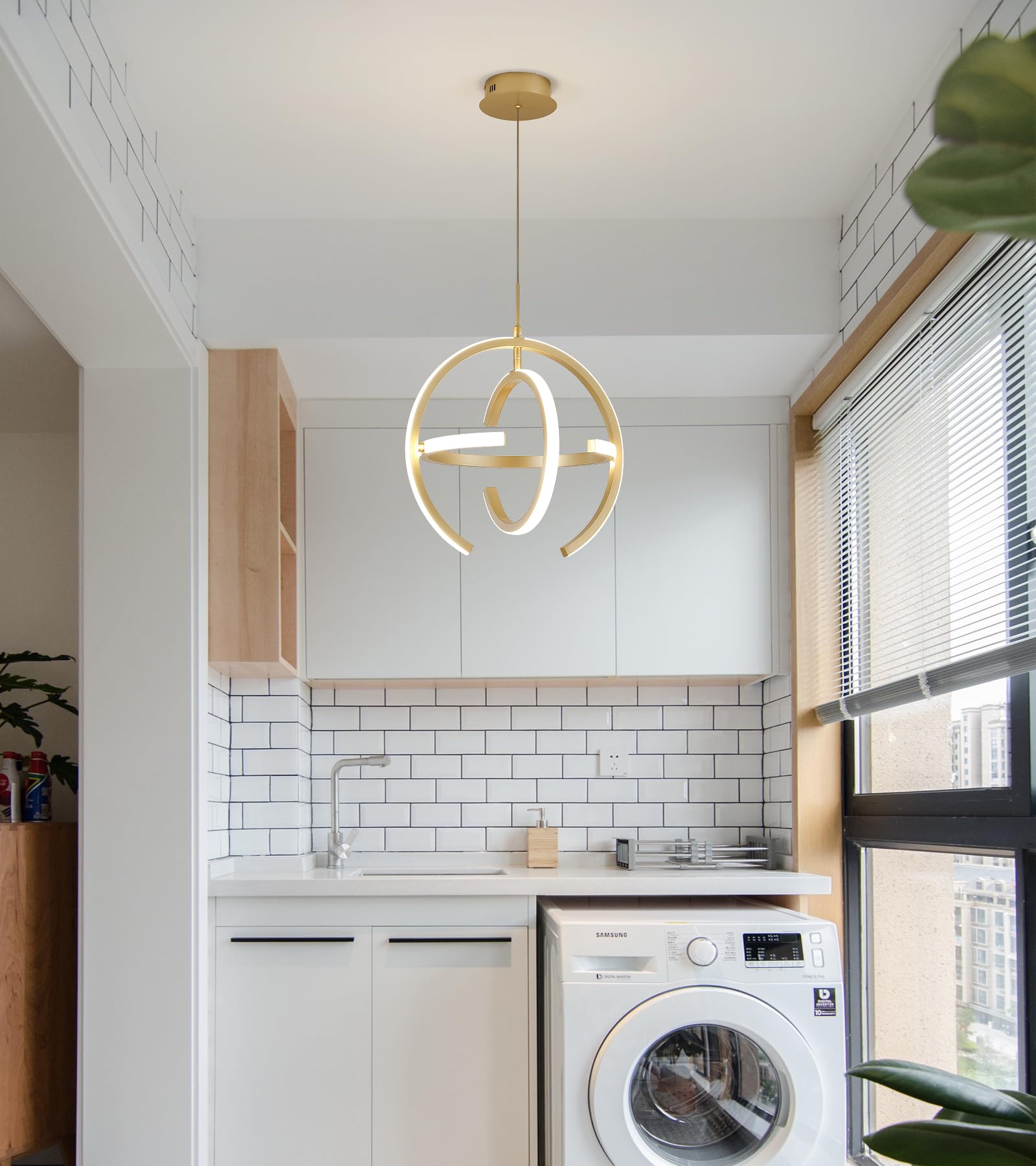 Q&S Modern LED Chandelier, Gold Round Globe Pendant Light, W15", Model P2028-GD for Entryway, Kitchen, Dining Room, Living Room