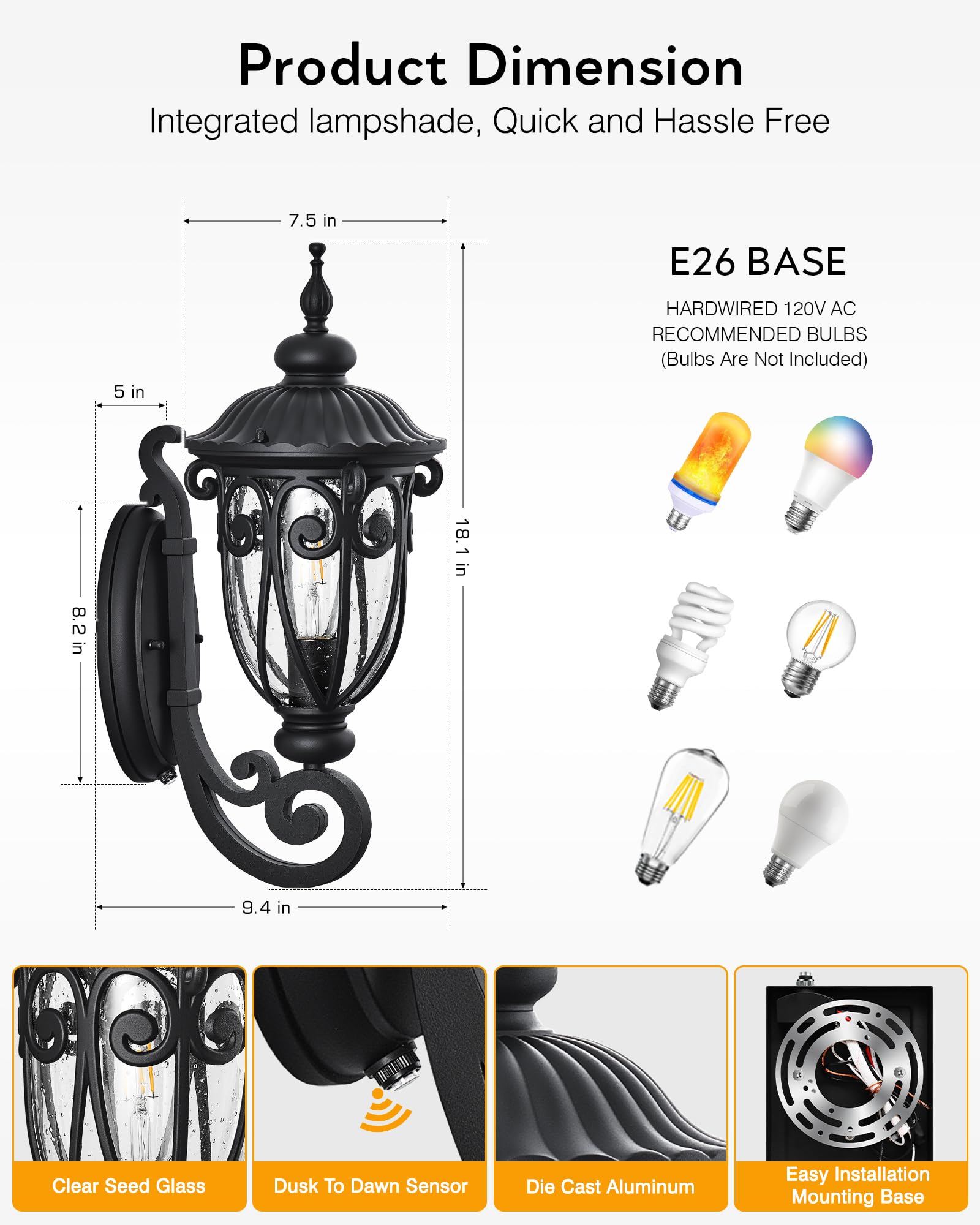 Vianis Dusk To Dawn Outdoor Lighting  Black Retro Porch Lights Outdoor Lanterns  Outdoor Light Fixture With Bubble Glass For Porch  Garden  Doorway  Waterproof And Anti-Rust