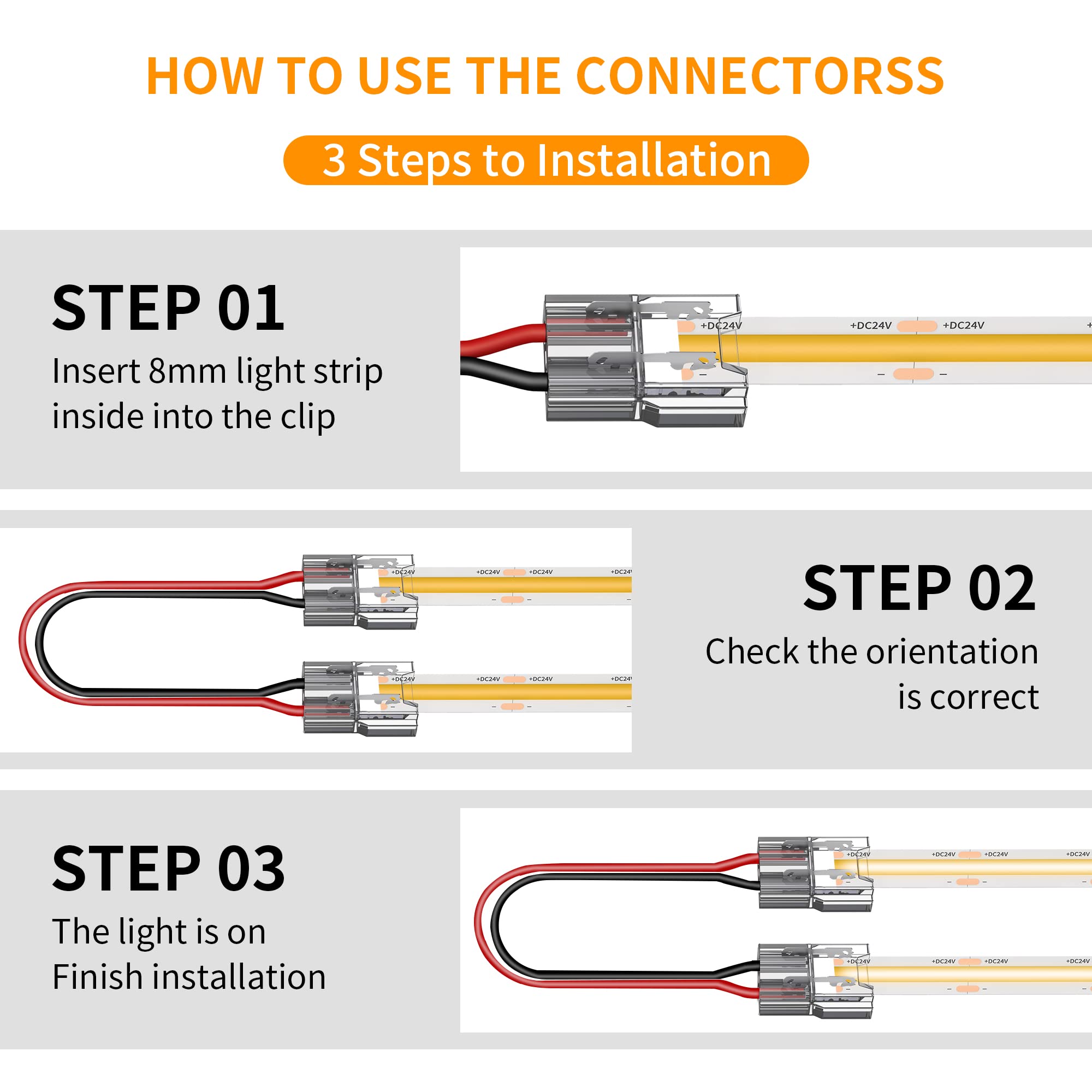 20 Pack Cob Led Connectors, 2 Pins 8Mm Solderless Crystal Connector 15Cm Double Headed Snap Connector Low Voltage Single Color L