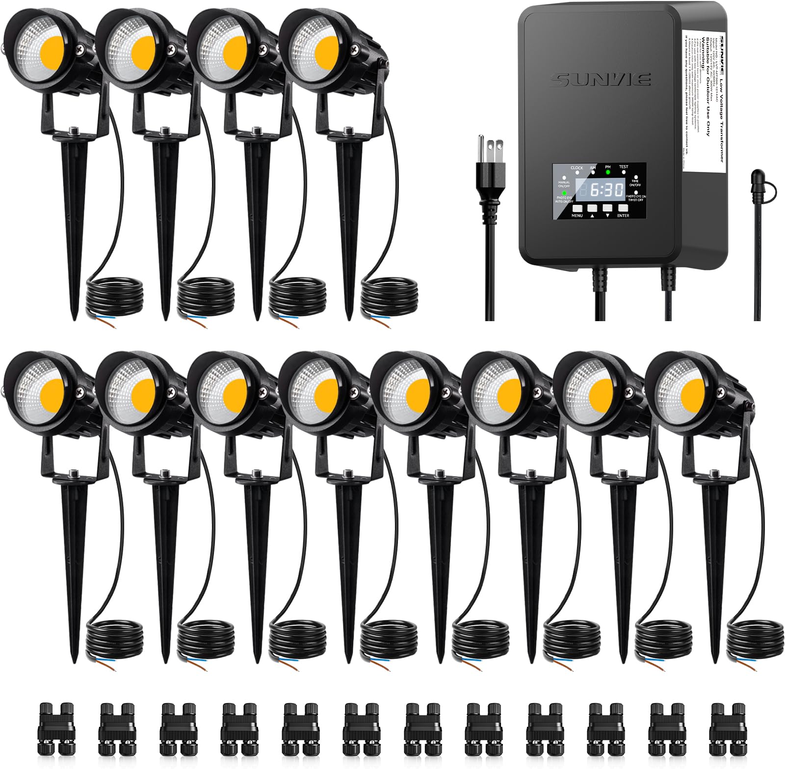 SUNVIE Low Voltage Landscape Lighting Kit, 12 Pack, 3000K LED, Waterproof Aluminum, Black, with 300W Transformer for Yard and Garden