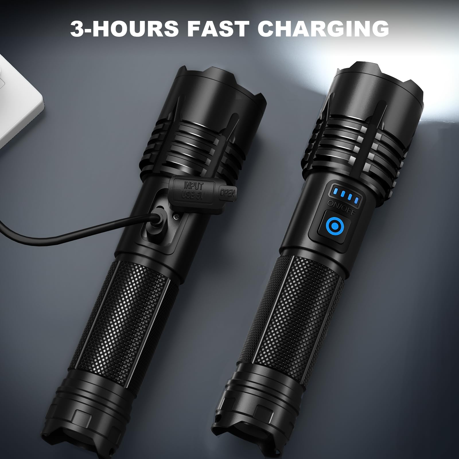 Lylting Rechargeable Flashlight, 90,000 Lumens, 5 Modes, Waterproof, Black, Model P115