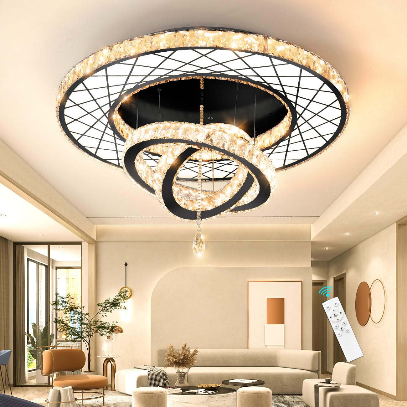 HAIXIANG LED Ceiling Chandelier, 24" Black Crystal & Glass Light Fixture, Remote Dimmable, Model MMQ3831