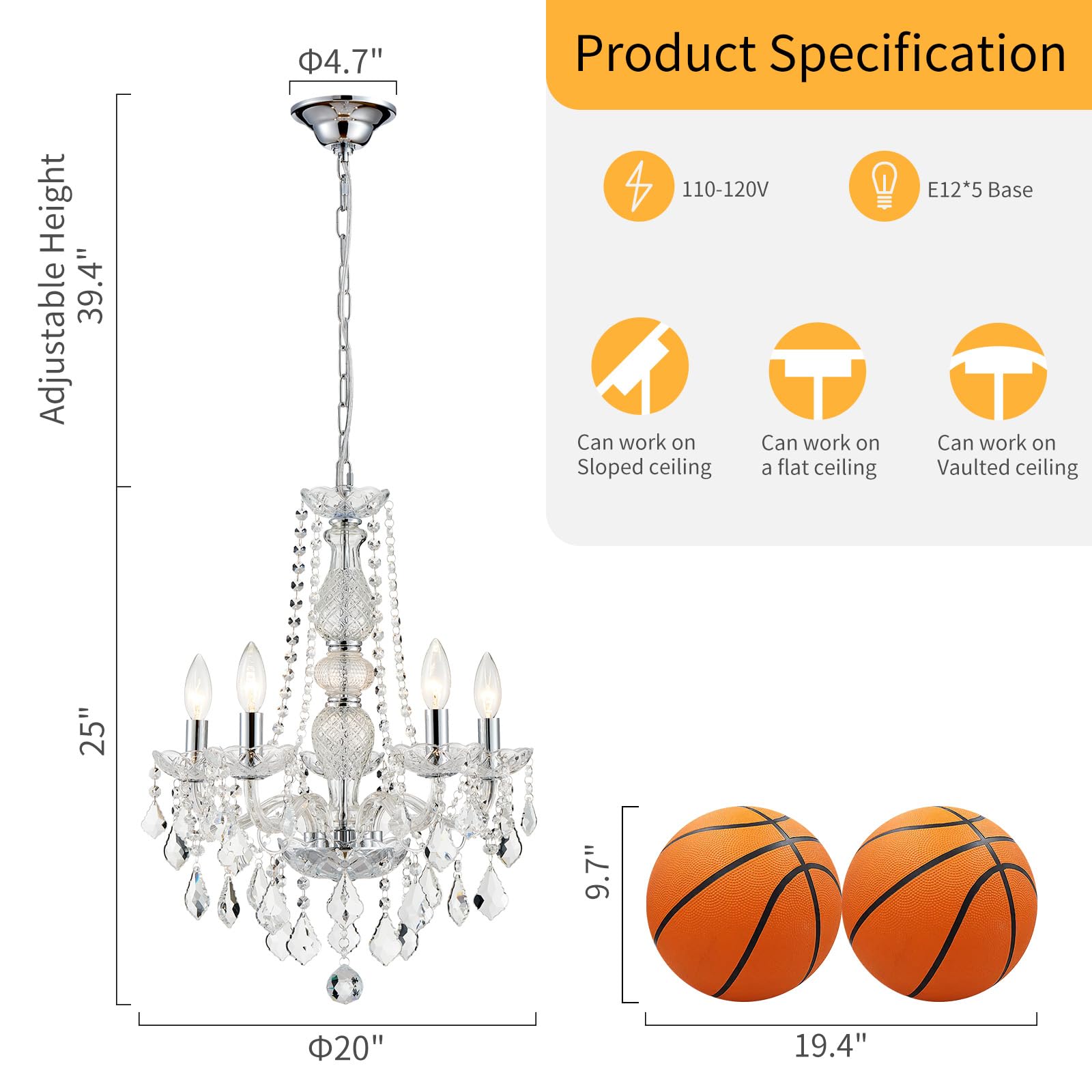 Wuzups 5-Light Crystal Candle Chandelier Pendant Ceiling Light Modern Lighting Fixture For Bedroom Hallway Bar Kitchen Bathroom  H 25 W 20  E12 Base  Chrome