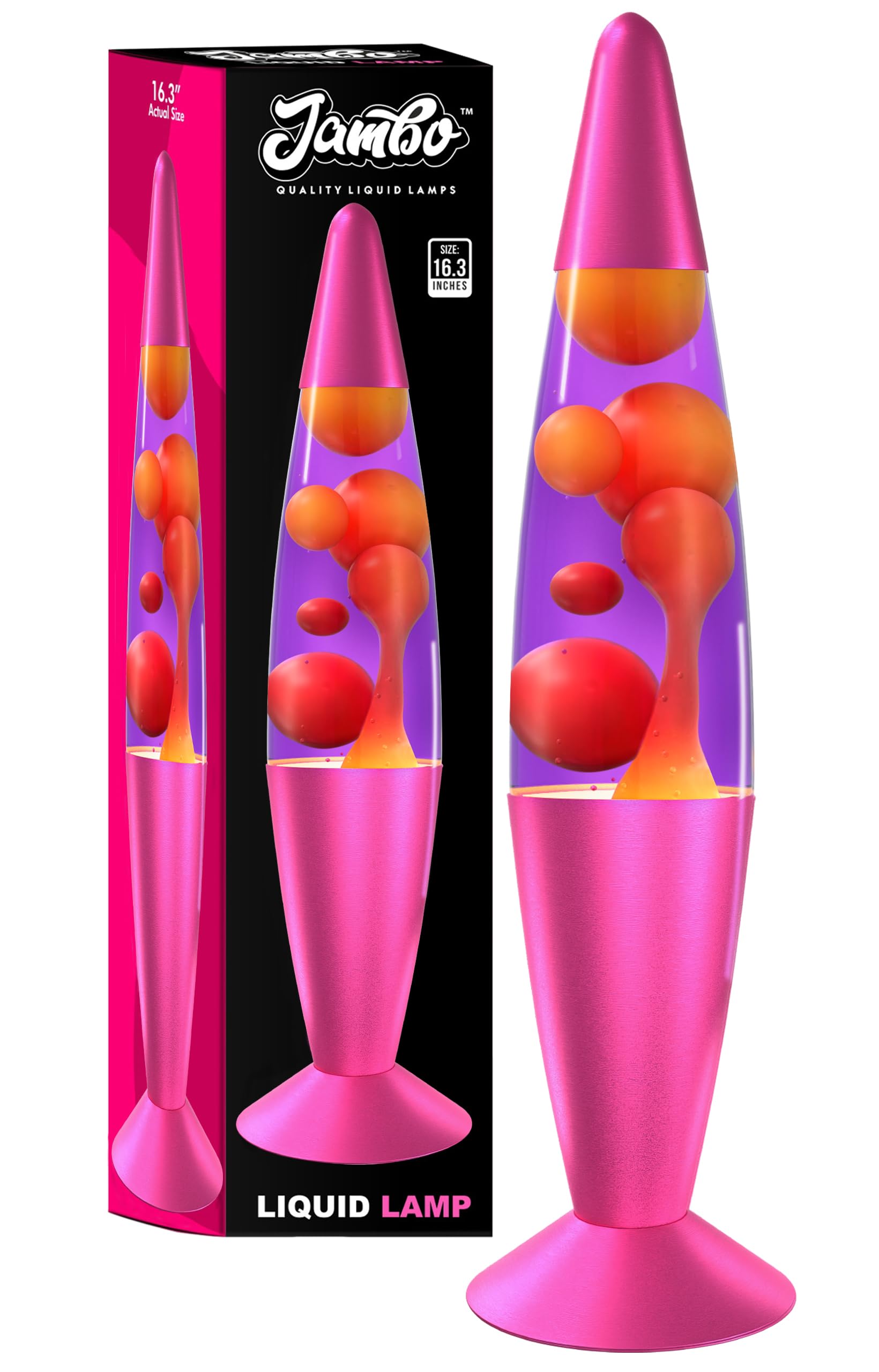 Jambo 16-Inch Liquid Lamp, Glass, Pink Base, Purple Liquid, Yellow Wax, Model Kl-17, Relaxing Night Light For Kids & mature-themeds