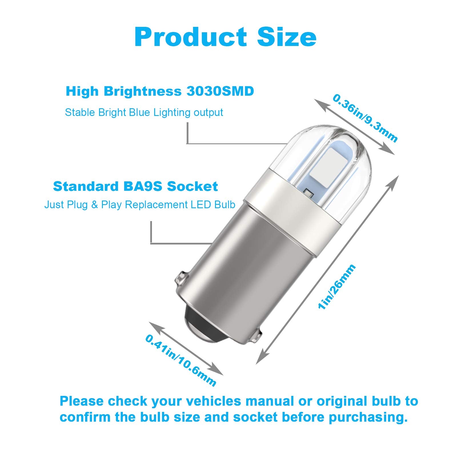 Serundo Auto BA9S LED Bulb, 2SMD 3030 Chips, Pack of 10, Blue, for Car Interior Dome Map License Plate Light