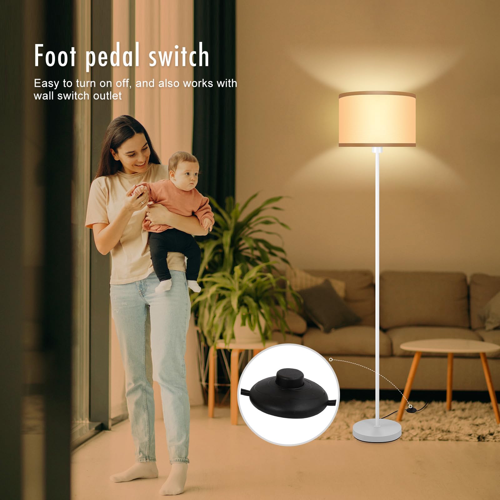 BoostArea 58" White Floor Lamp - Modern Standing Lamp with Foot Pedal Switch, Metal Lampshade for Living Room/Bedroom/Classroom