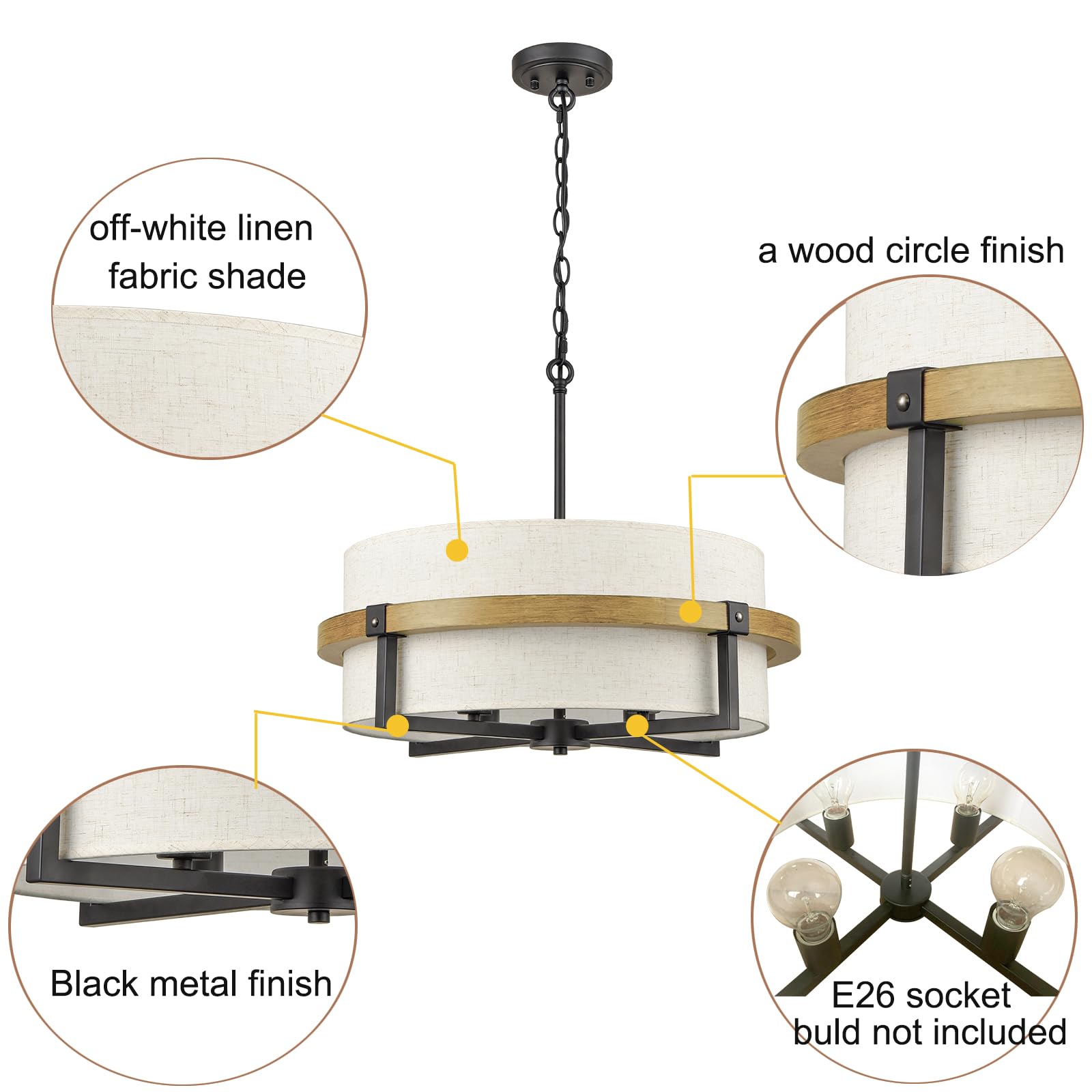 AXILAND Rustic Drum Chandelier 4-Light Off-White Linen Shade T5241-4DU, White