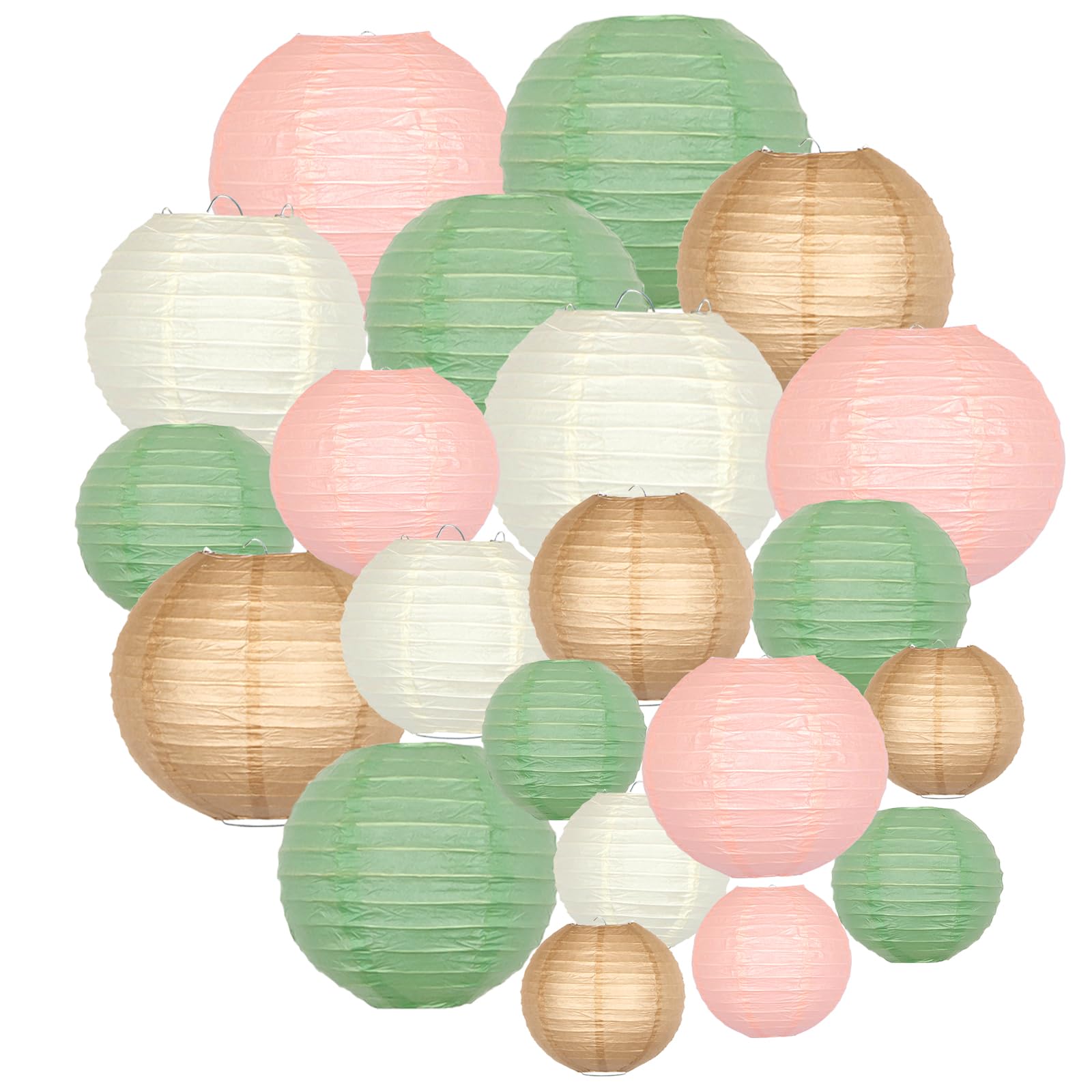 ADLKGG Paper Lanterns, Round Hanging Decorations for Parties, 21pcs, Sage Green/Pink/Brown