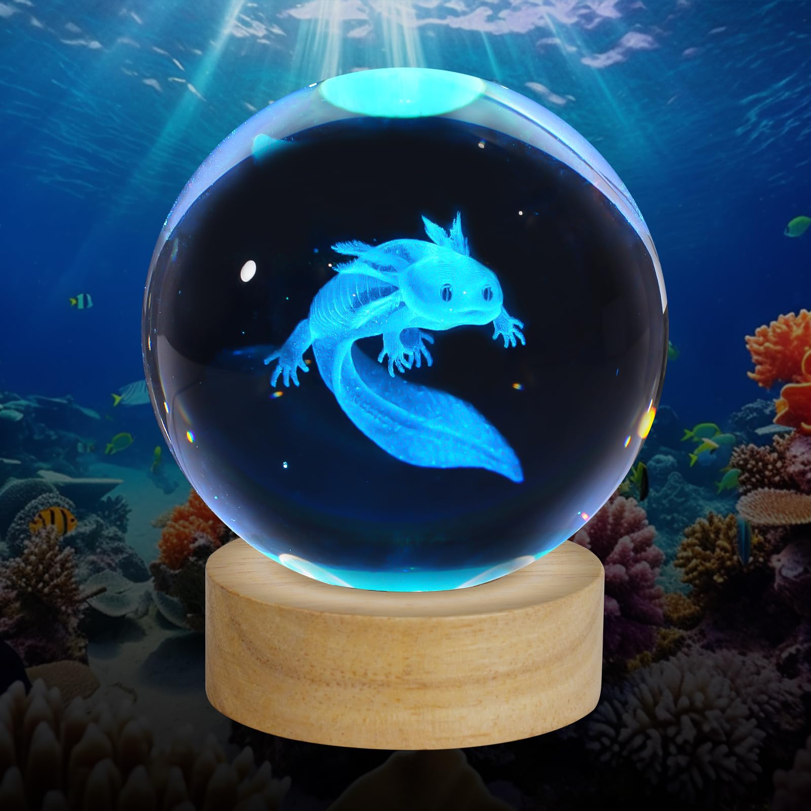 ZXBLAQ 3D Axolotl Crystal Ball Night Light, Upgraded 3.15 Inch Glass Ball Lamp with 16 Color LED Wooden Base, Axolotl Decor Birt