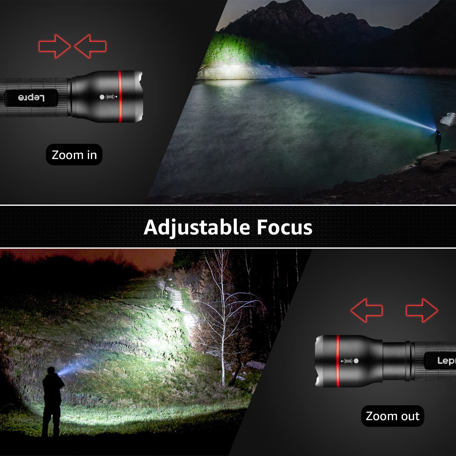 Lepro LED Flashlight LE2000 - High Lumen, 5 Modes, Zoomable, Waterproof, Black, 2 Pack, AAA Battery Powered