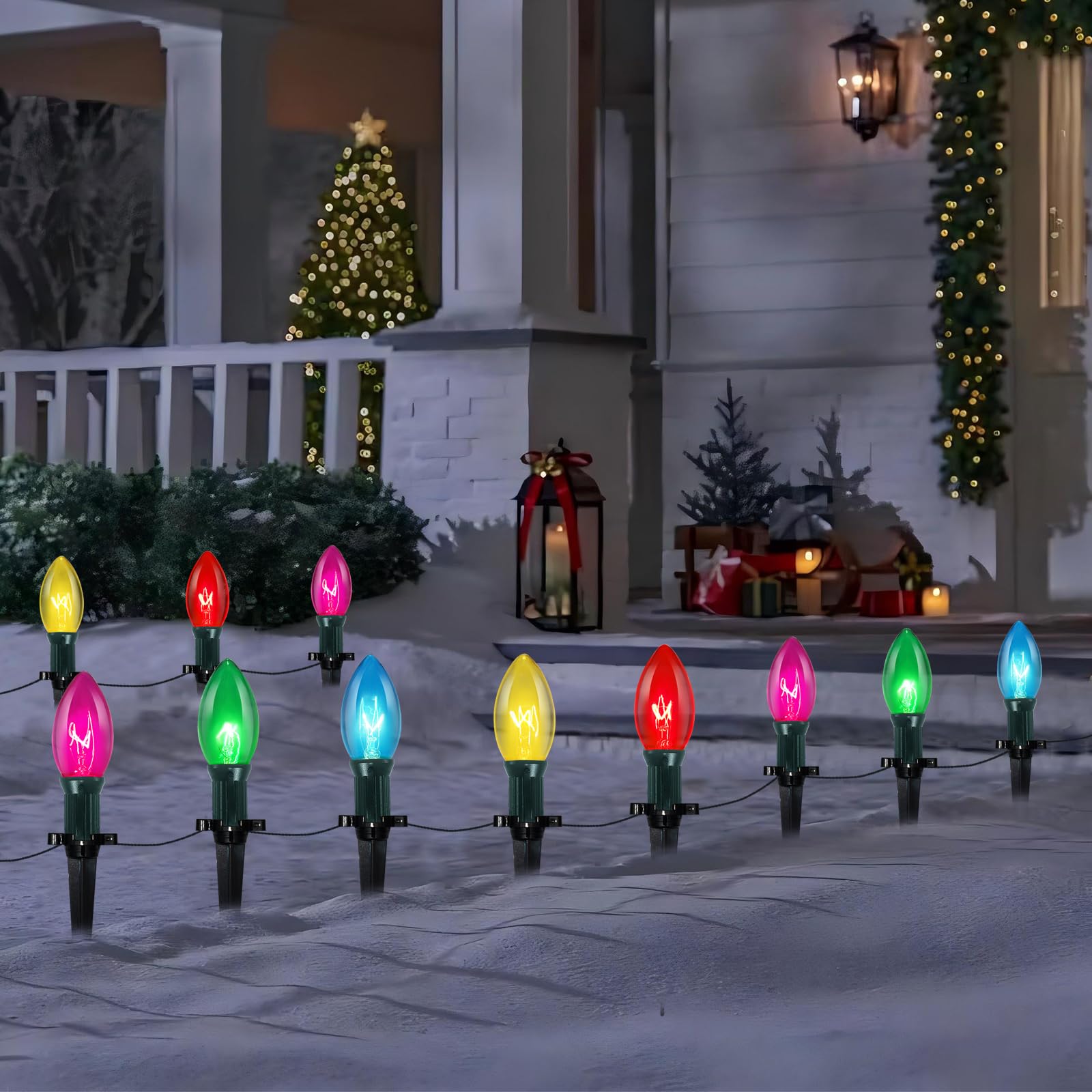 38Ft Christmas Pathway String Lights Outdoor with C9 25 Multicolor Christmas Pathway Marker Stakes Lights, Extendable C9 Outdoor