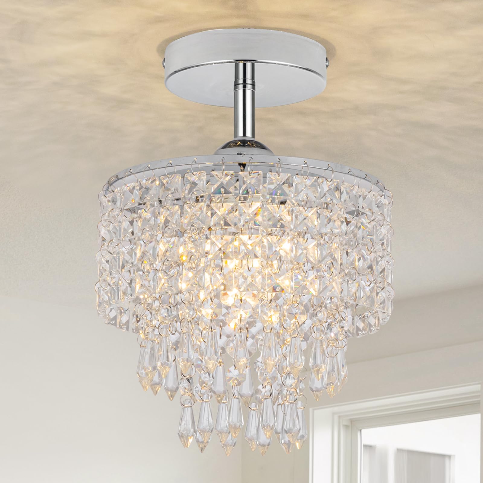 Hongnuofc 8'' Mini Crystal Chandelier 3-Tier Crystal Raindrop Semi Flush Mount Ceiling Light Fixture Small Chandelier For Bedroo