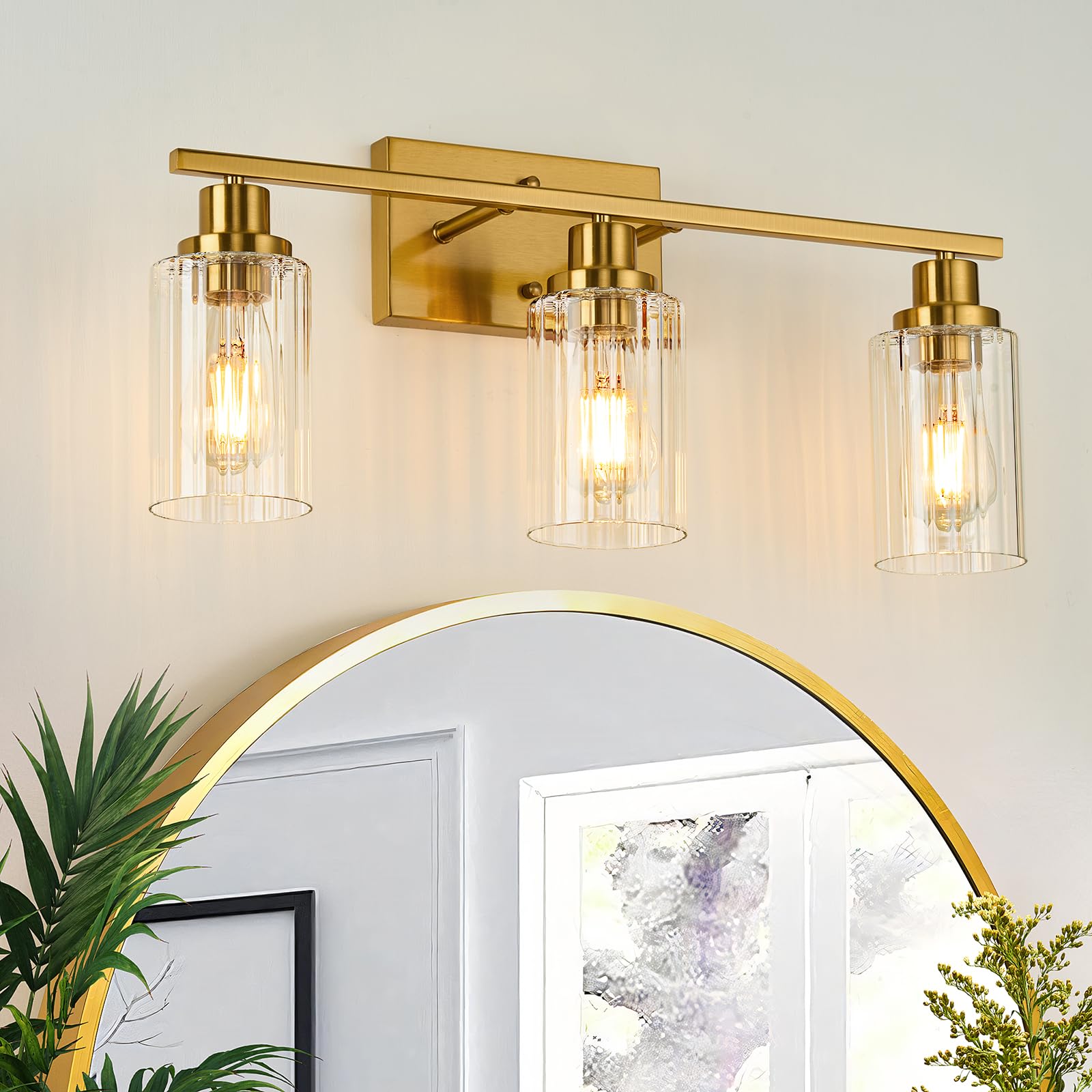Jonsi Gold Bathroom Light Fixtures, 3 Light Brushed Gold Bathroom Vanity Lights With Fluted Glass Shade, Modern Gold Bathroom Lights Over Mirror, Vanity Lighting Fixtures, X003W-3Agb
