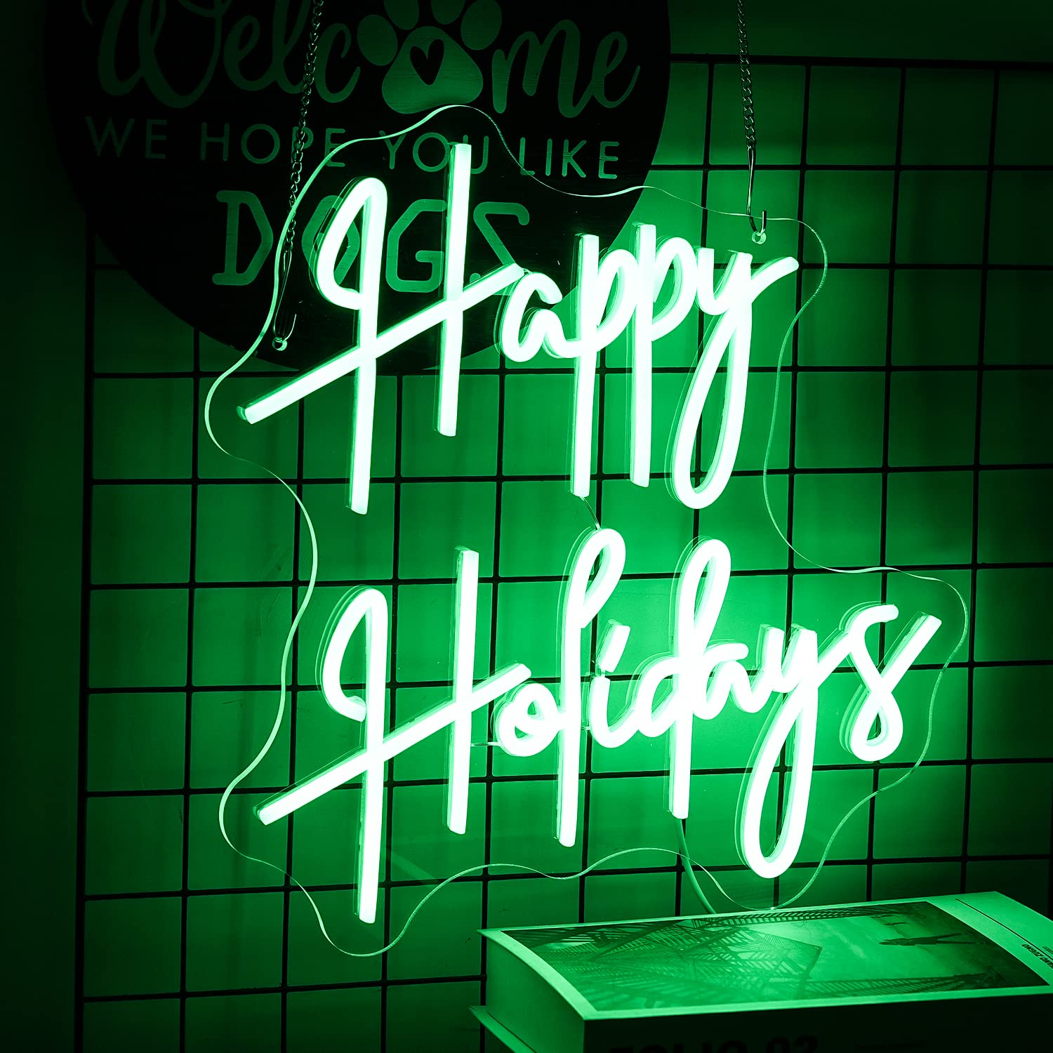 Alkkign Happy Holiday Neon Sign Dimmable Letter Neon Signs Green Led Neon Light Powered USB for University Dormitory, Room Decor