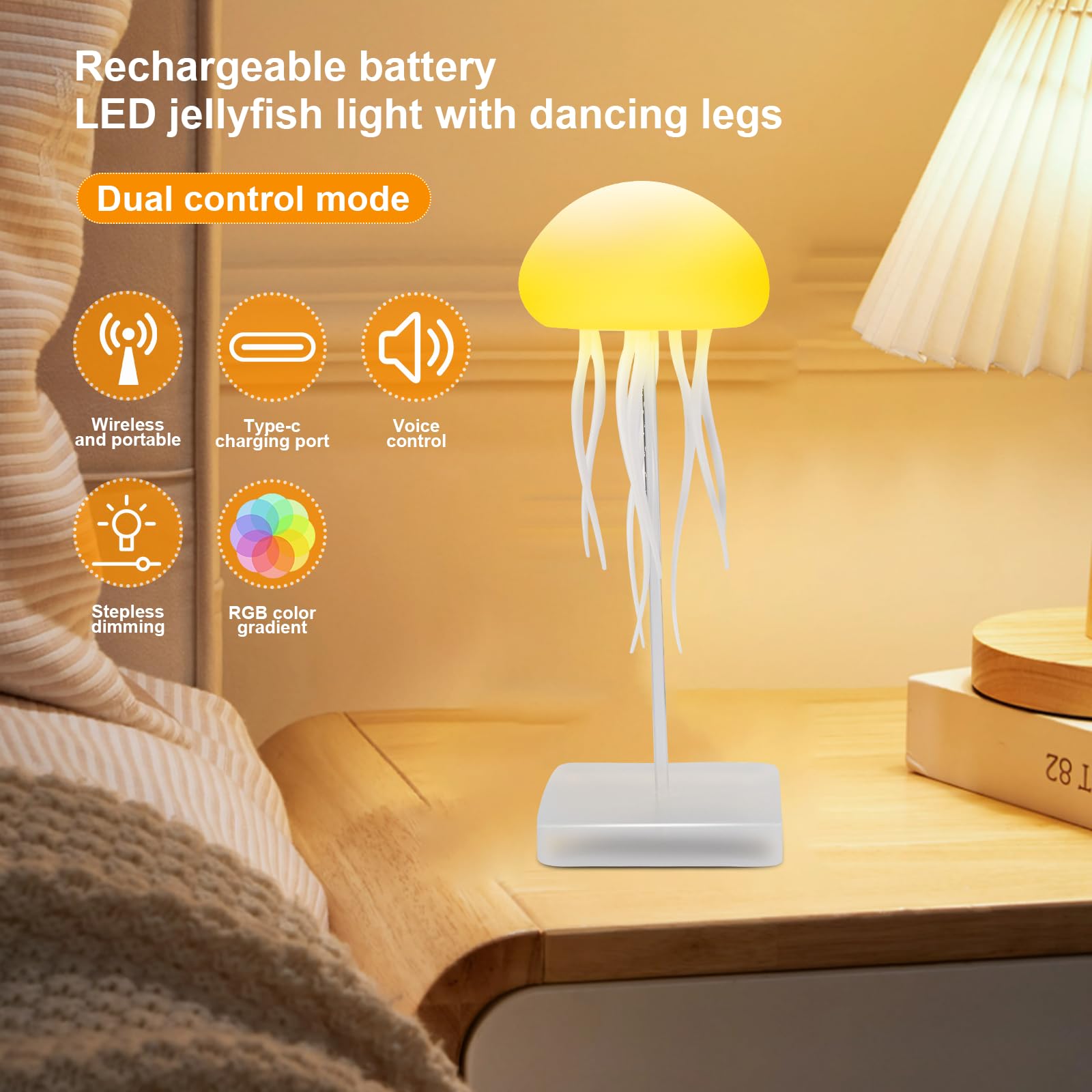 Jellyfish Lamp, Rgb Gradient Jellyfish Bedside Lamp, Voice Control Jellyfish Lamp With Dancing Legs, Rechargeable Jellyfish Tabl